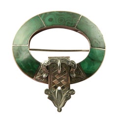 Antique Victorian Large Silver Scottish Agate Malachite Brooch Pin c1890 Estate