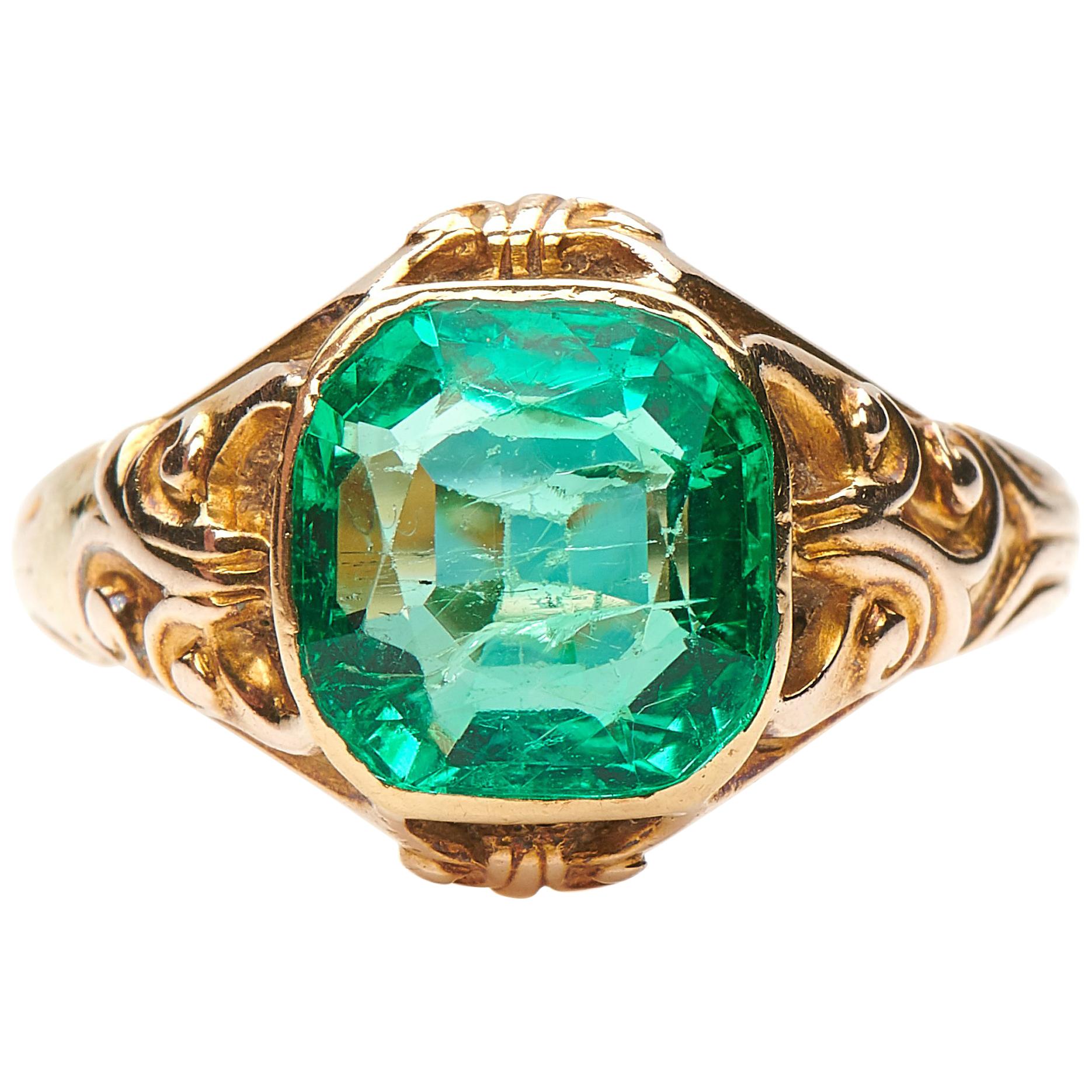 Antique, Victorian, Large Single Colombian Emerald Engagement Ring