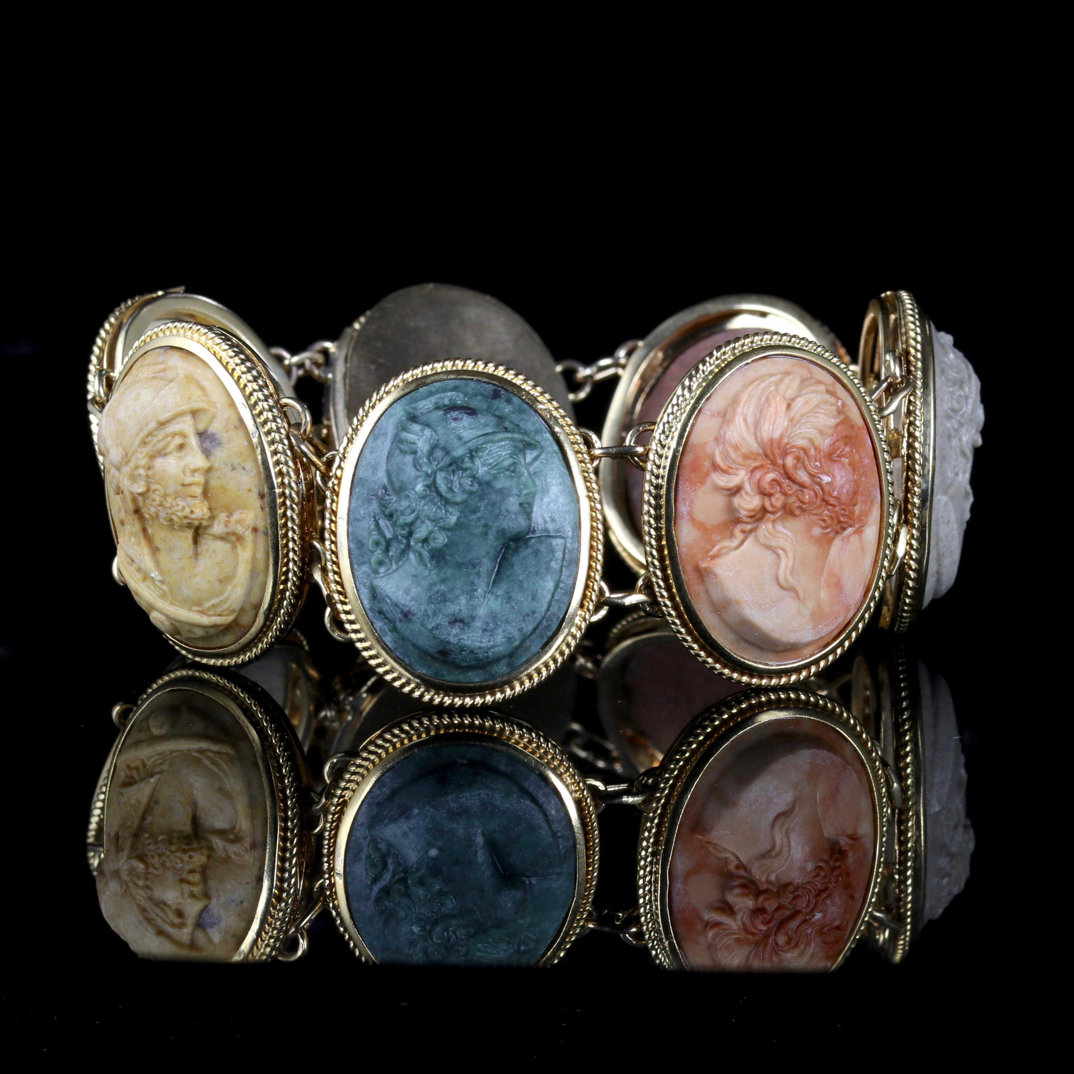 This spectacular hand-carved Cameo bracelet is set in a high carat Gold, circa 1880.

The bracelet depicts the 7 days of the week; 

Each God or Goddess represents the days of the week.

Monday: Diana (Artemis).

Tuesday:  Mars (Ares).

Wednesday: