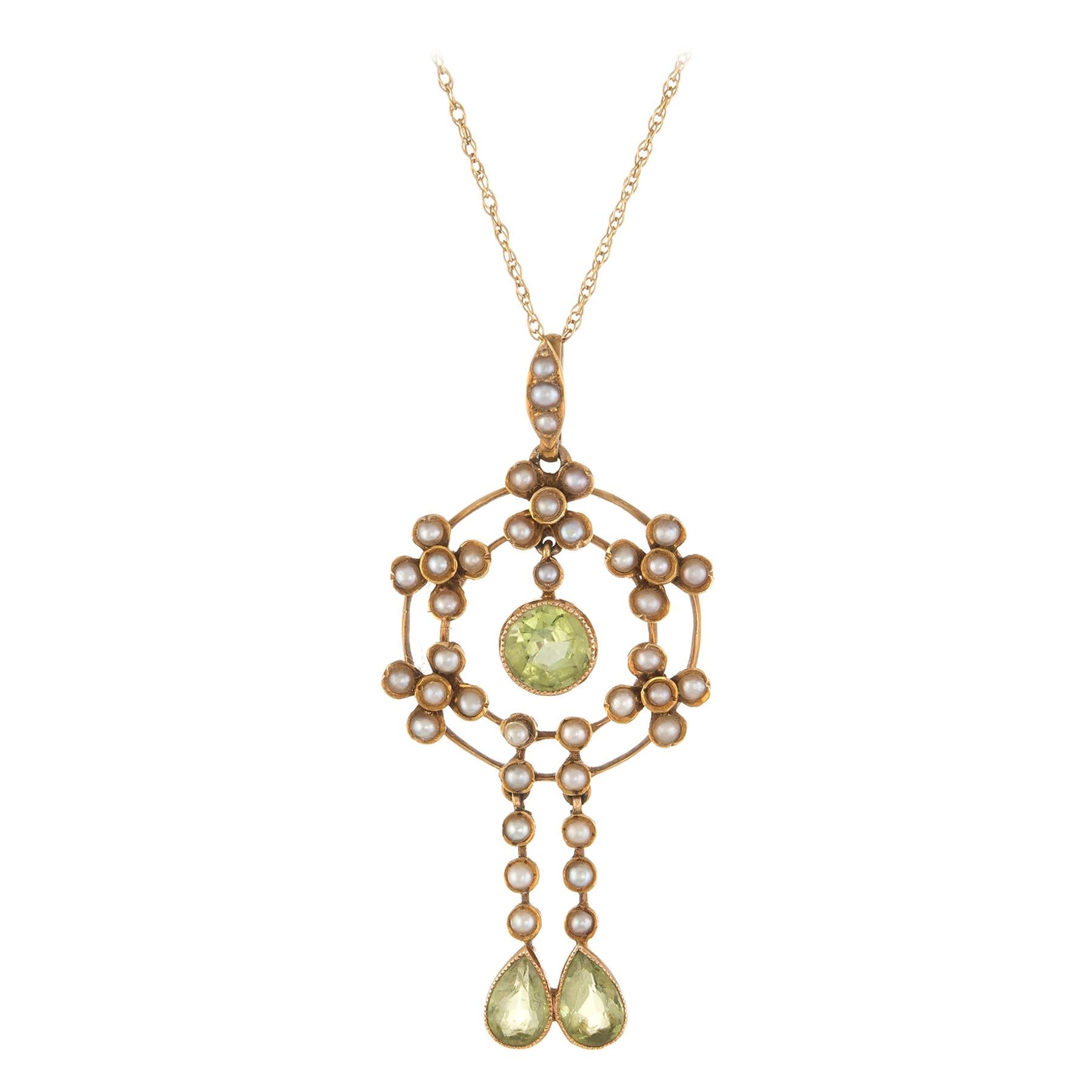 Antique Victorian Lavaliere Pendant Peridot Seed Pearl Necklace 15k Yellow Gold For Sale