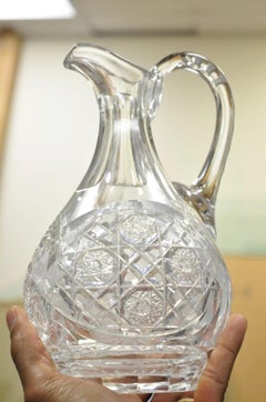 Antique Victorian Leaded Crystal Glass Diamond Etched Small Water Pitcher Jug