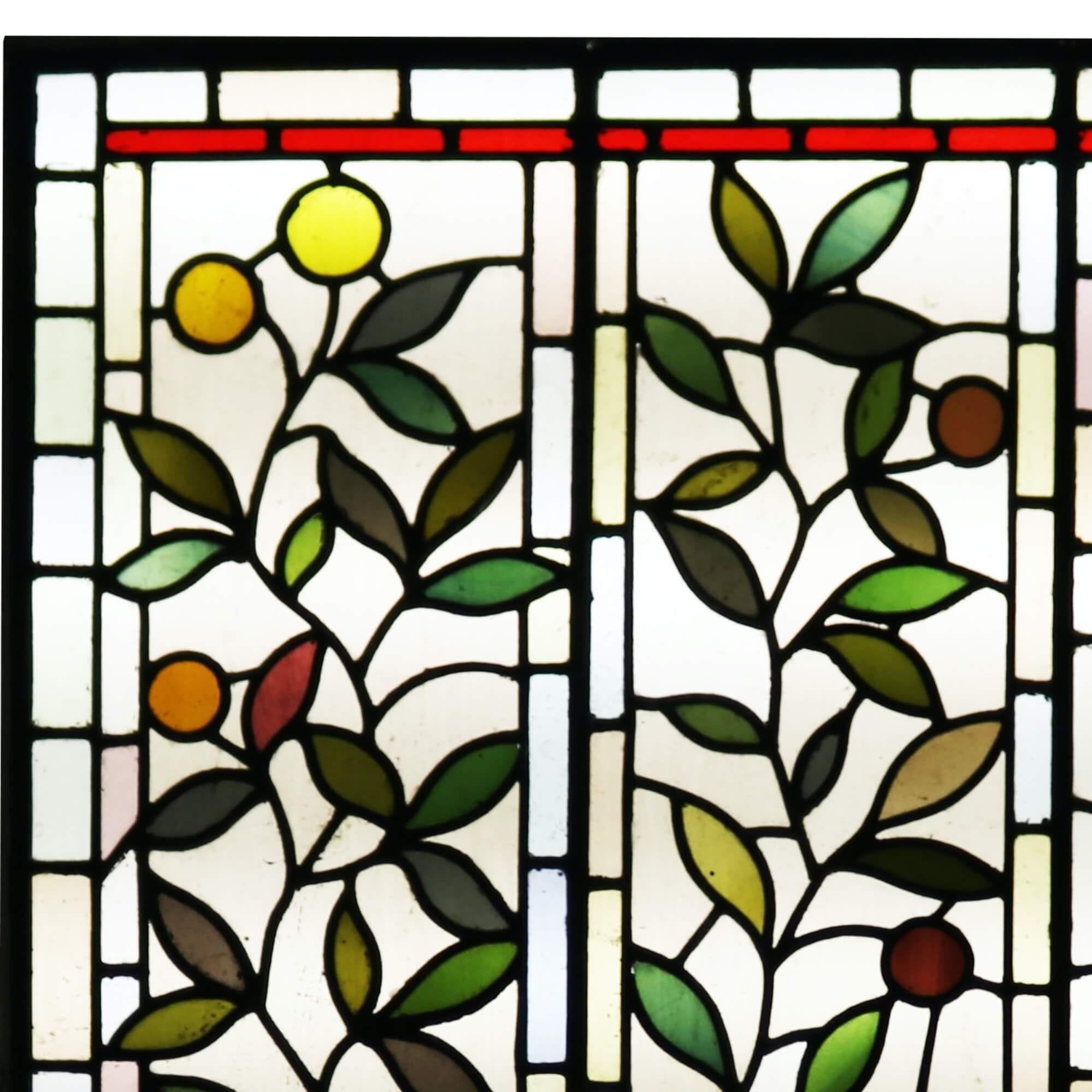 English Antique Victorian Leaded Glass Window with Fruit & Foliage