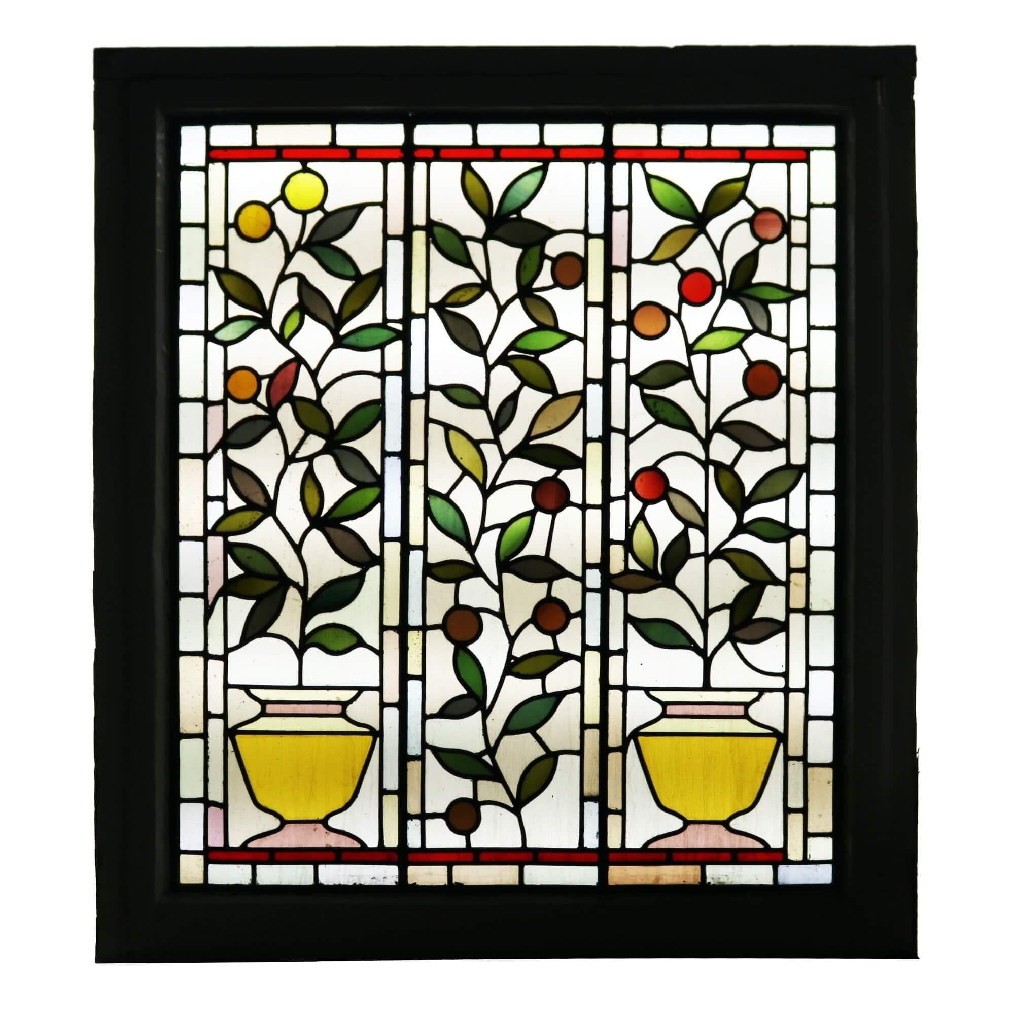 19th Century Antique Victorian Leaded Glass Window with Fruit & Foliage