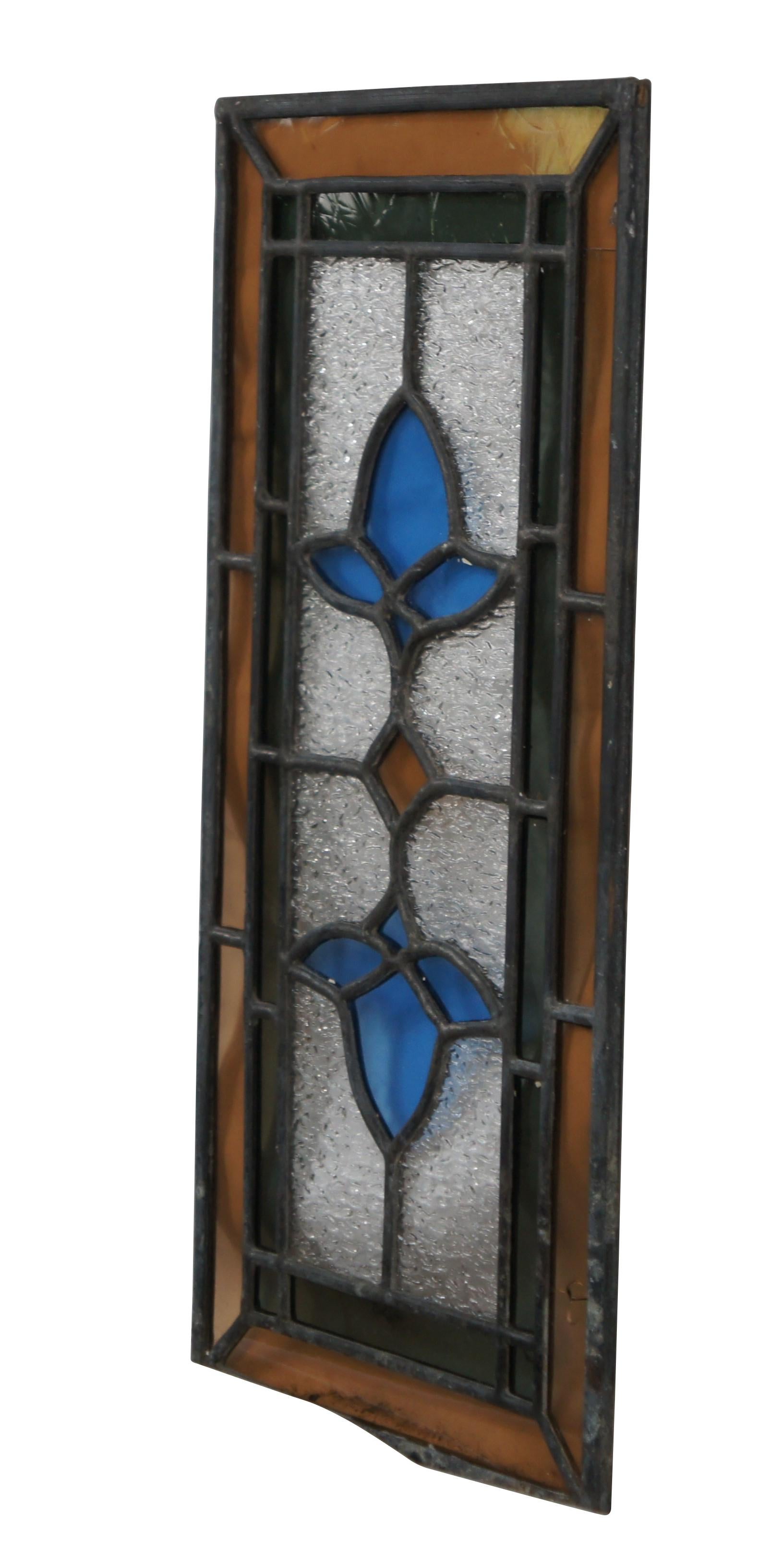 Antiguo Victorian Leaded Stained Glass Floral Window Panel Amber Blue 17
