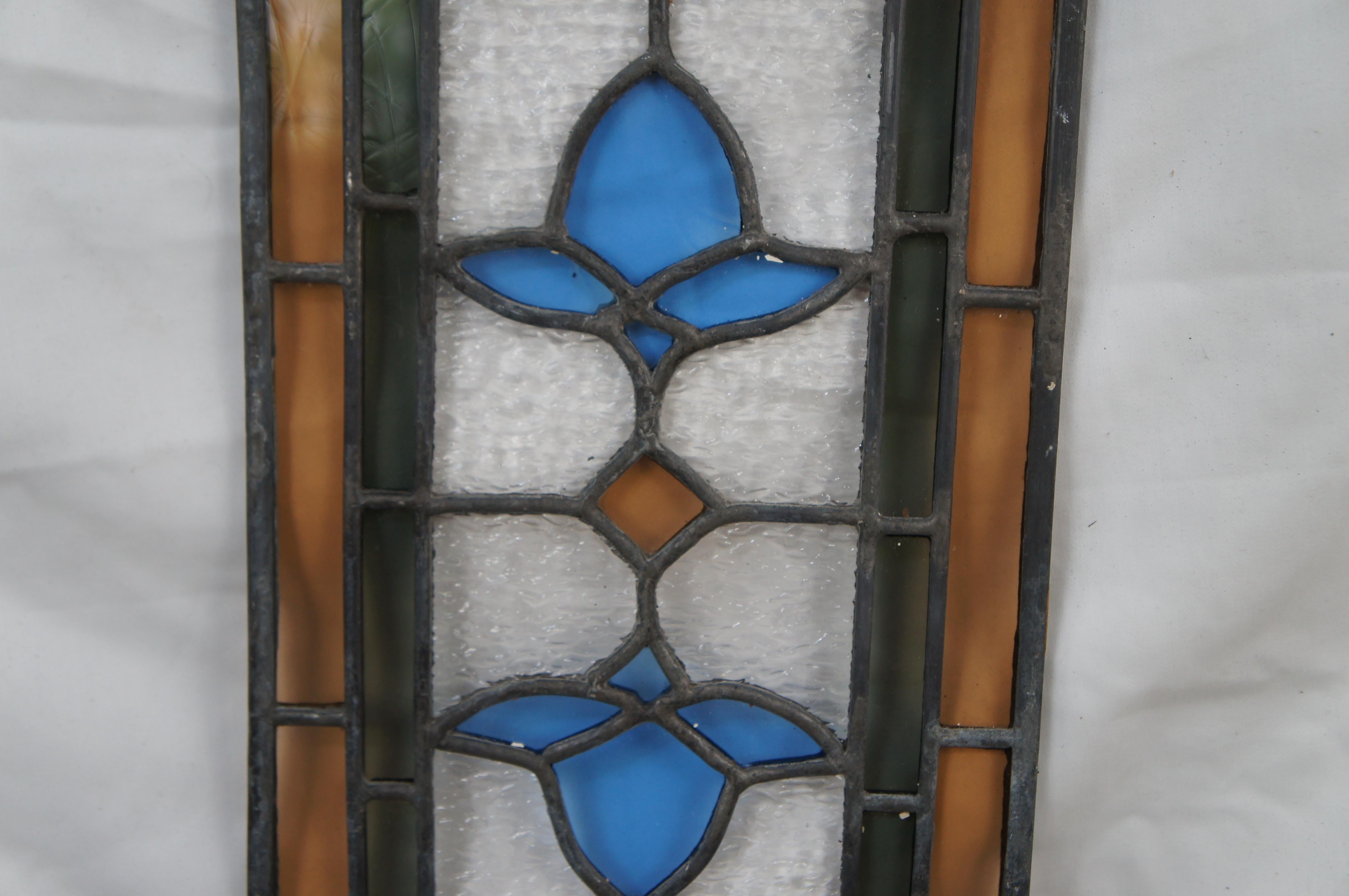 Antiguo Victorian Leaded Stained Glass Floral Window Panel Amber Blue 17