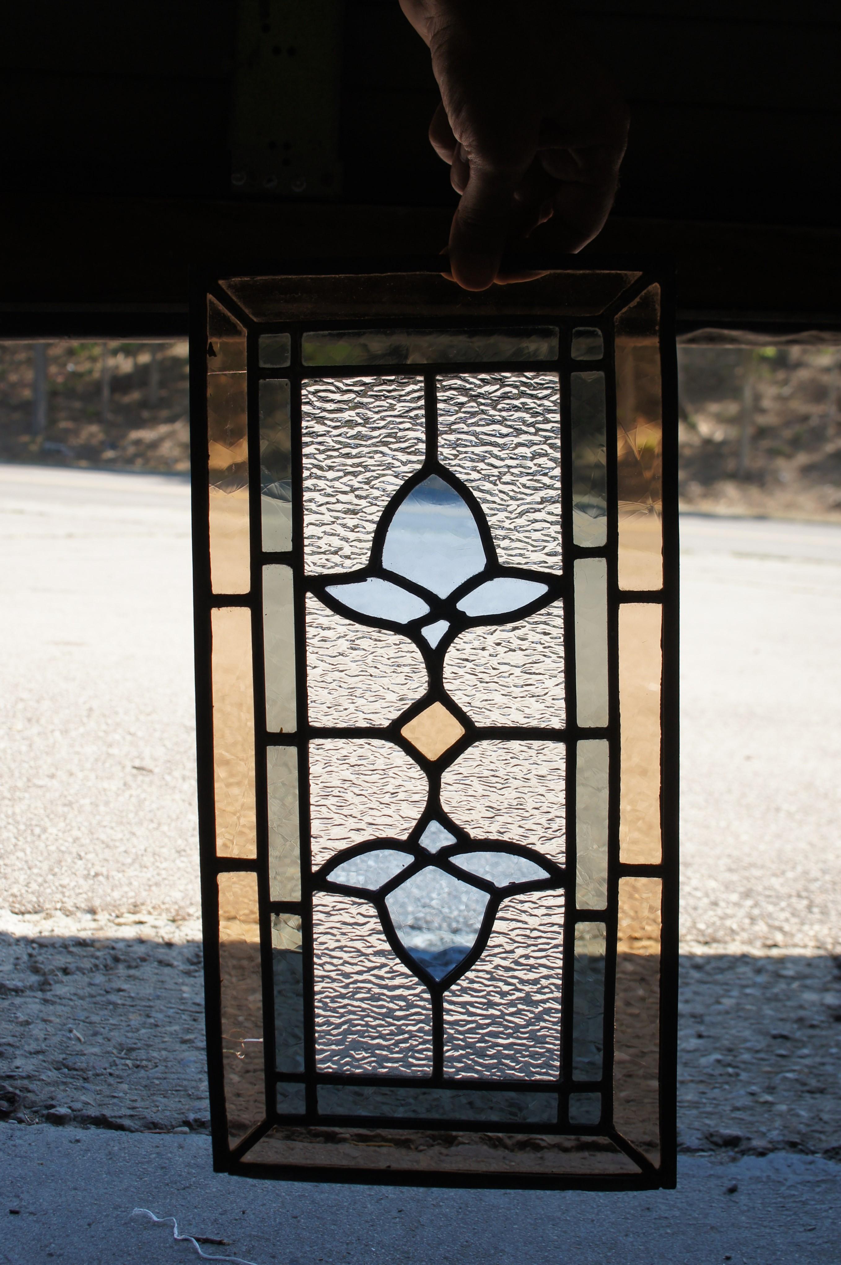 Antiguo Victorian Leaded Stained Glass Floral Window Panel Amber Blue 17