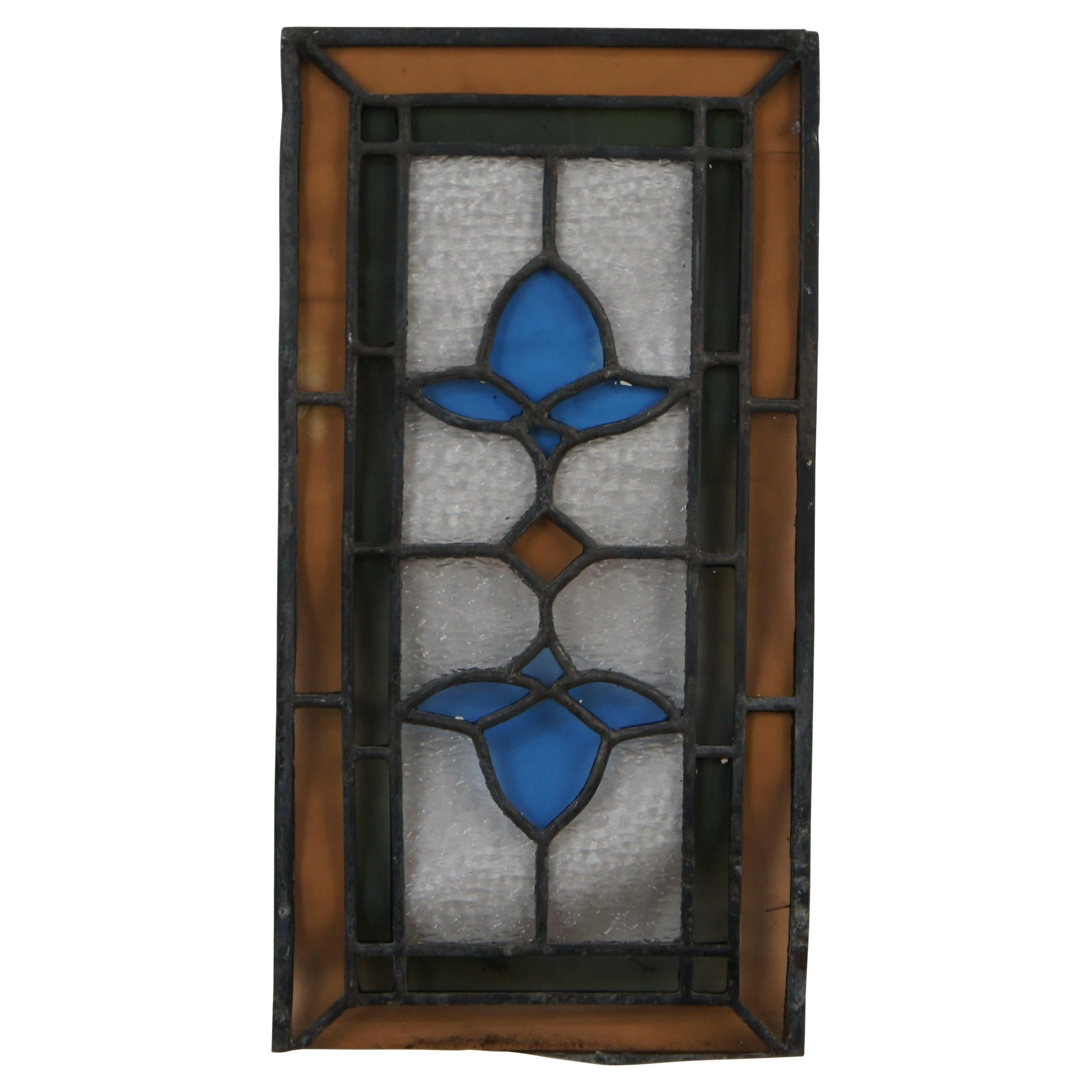 Antico pannello vittoriano di vetro colorato a piombo per finestre floreali, ambra blu, 17".