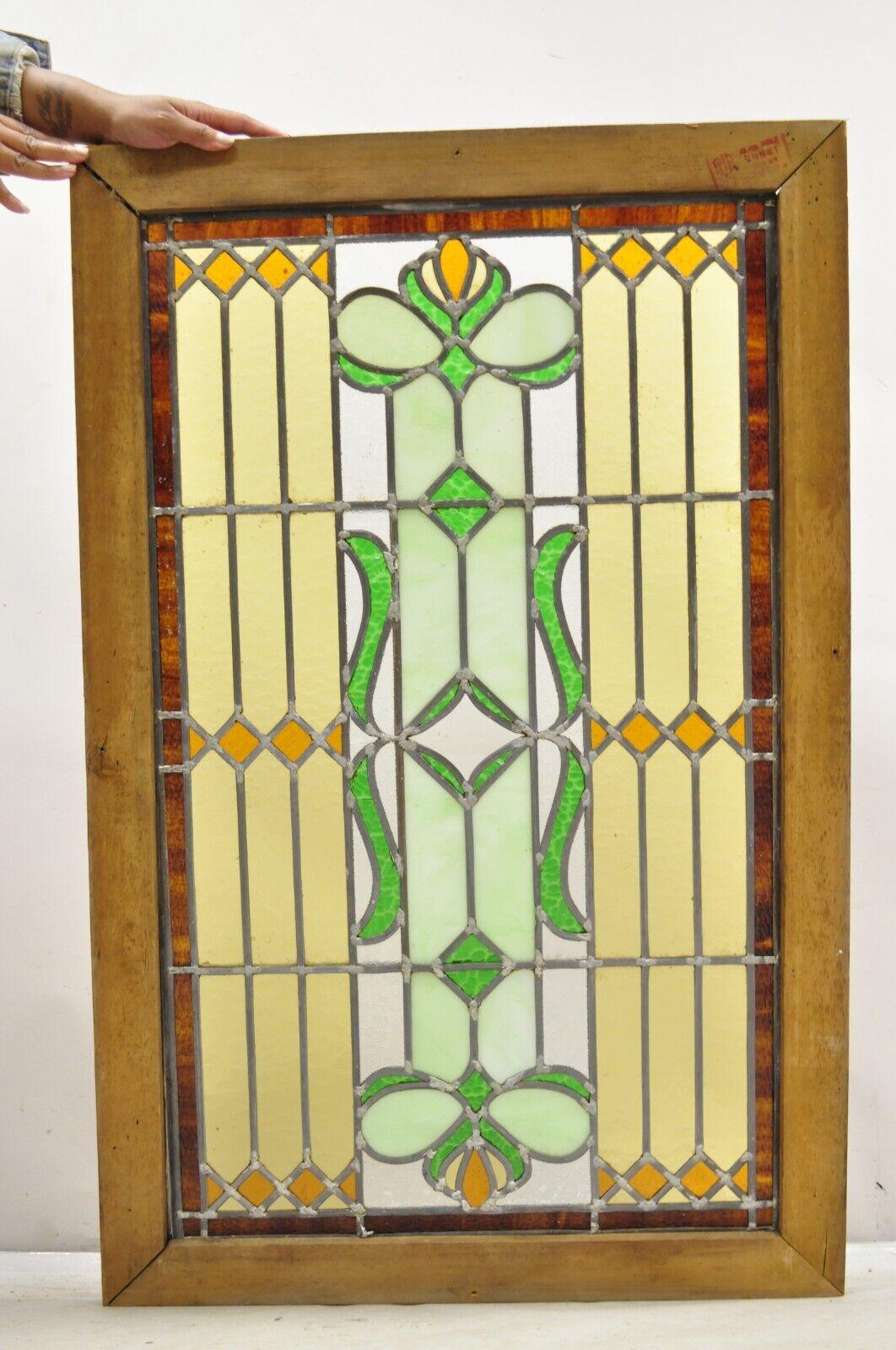 Antique Victorian Leaded Stained Glass Green Amber Tortoise Window in Wood Frame For Sale 6