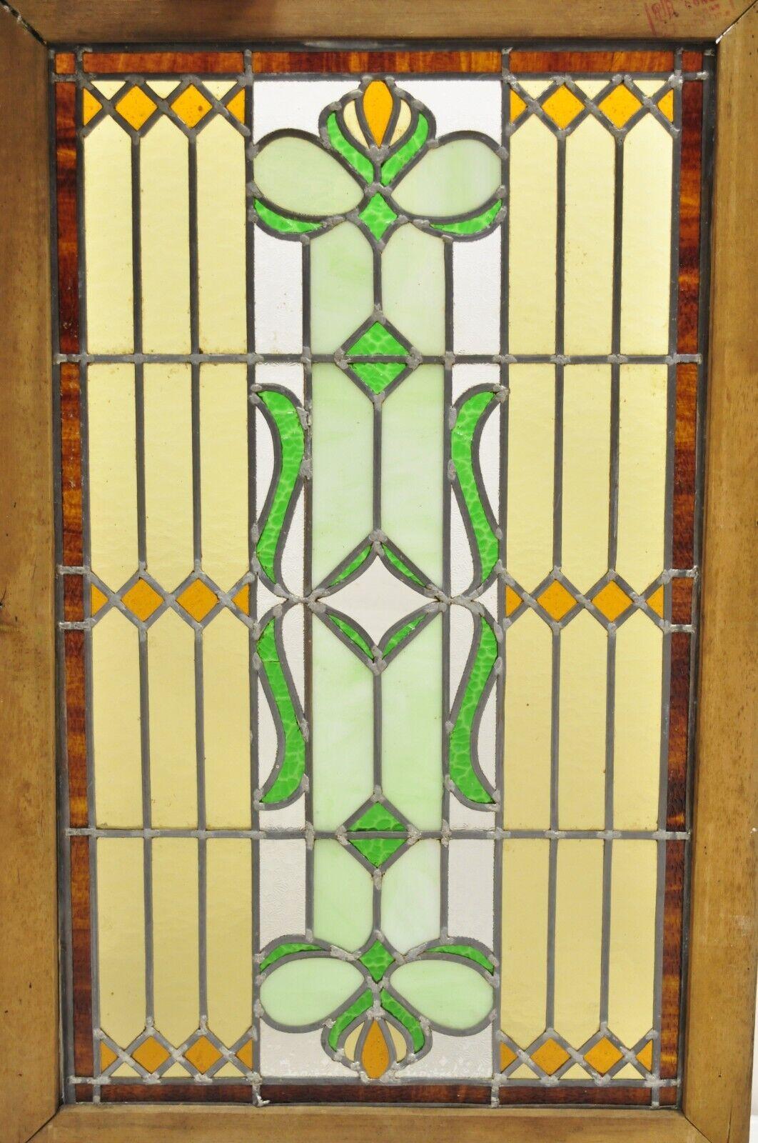 Antique Victorian Leaded Stained Glass Green Amber Tortoise Window in Wood Frame For Sale 7