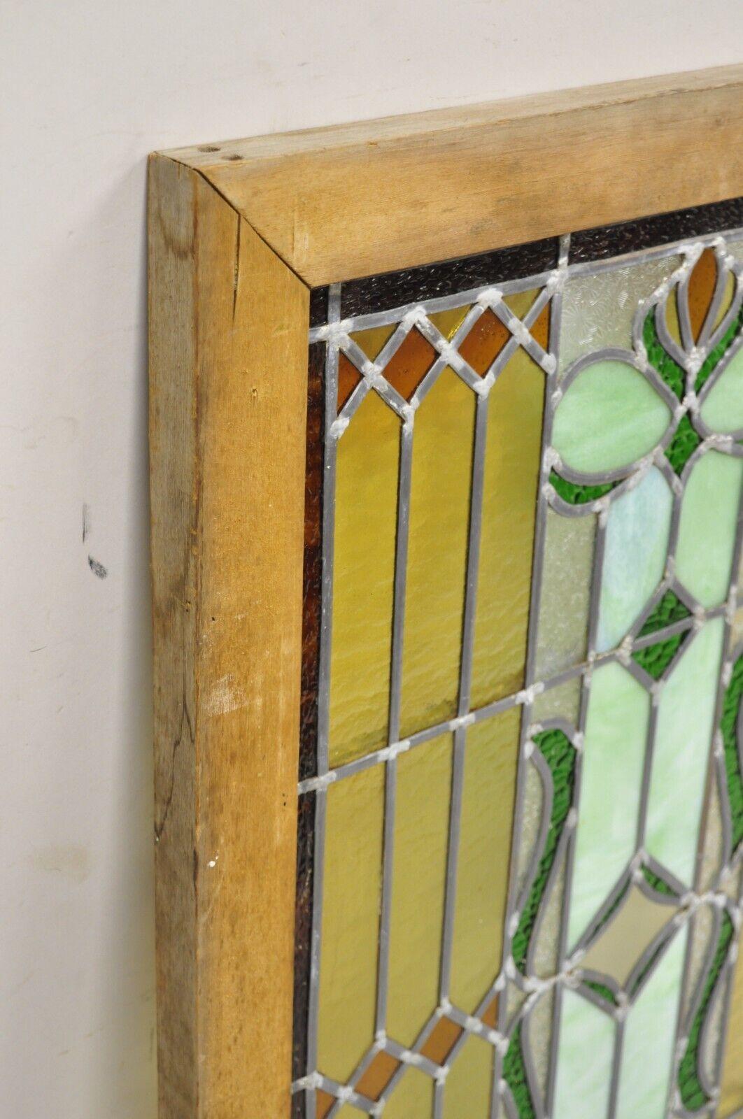 Early 20th Century Antique Victorian Leaded Stained Glass Green Amber Tortoise Window in Wood Frame For Sale