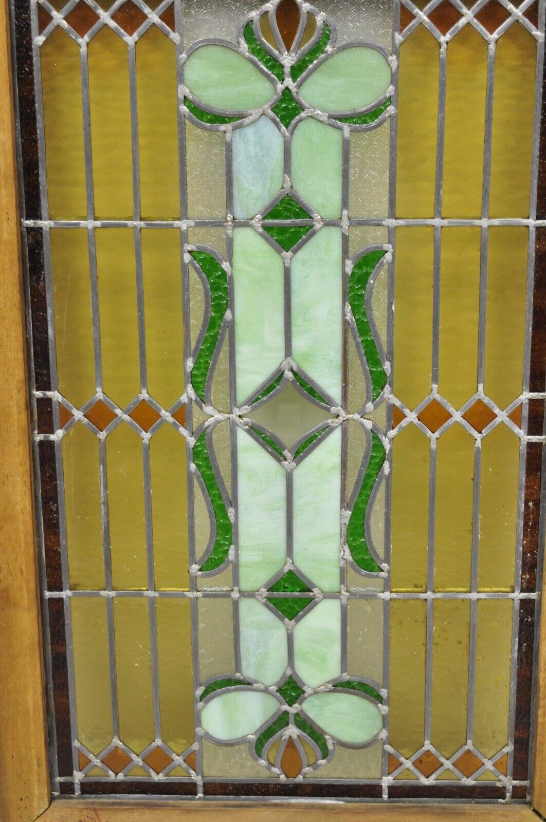 Antique Victorian Leaded Stained Glass Green Amber Tortoise Window in Wood Frame For Sale 1