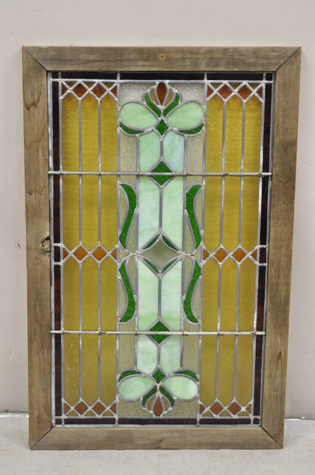 Antique Victorian Leaded Stained Glass Green Amber Tortoise Window in Wood Frame For Sale 4