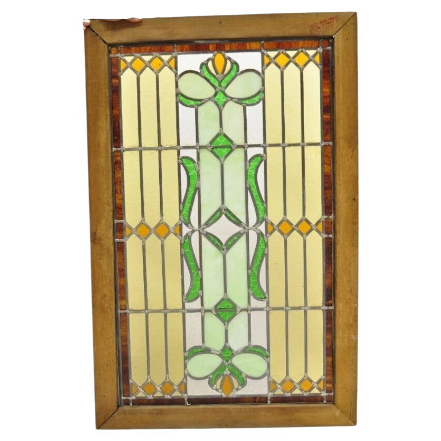 Antique Victorian Leaded Stained Glass Green Amber Tortoise Window in Wood Frame