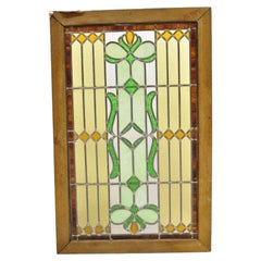 Antique Victorian Leaded Stained Glass Green Amber Tortoise Window in Wood Frame