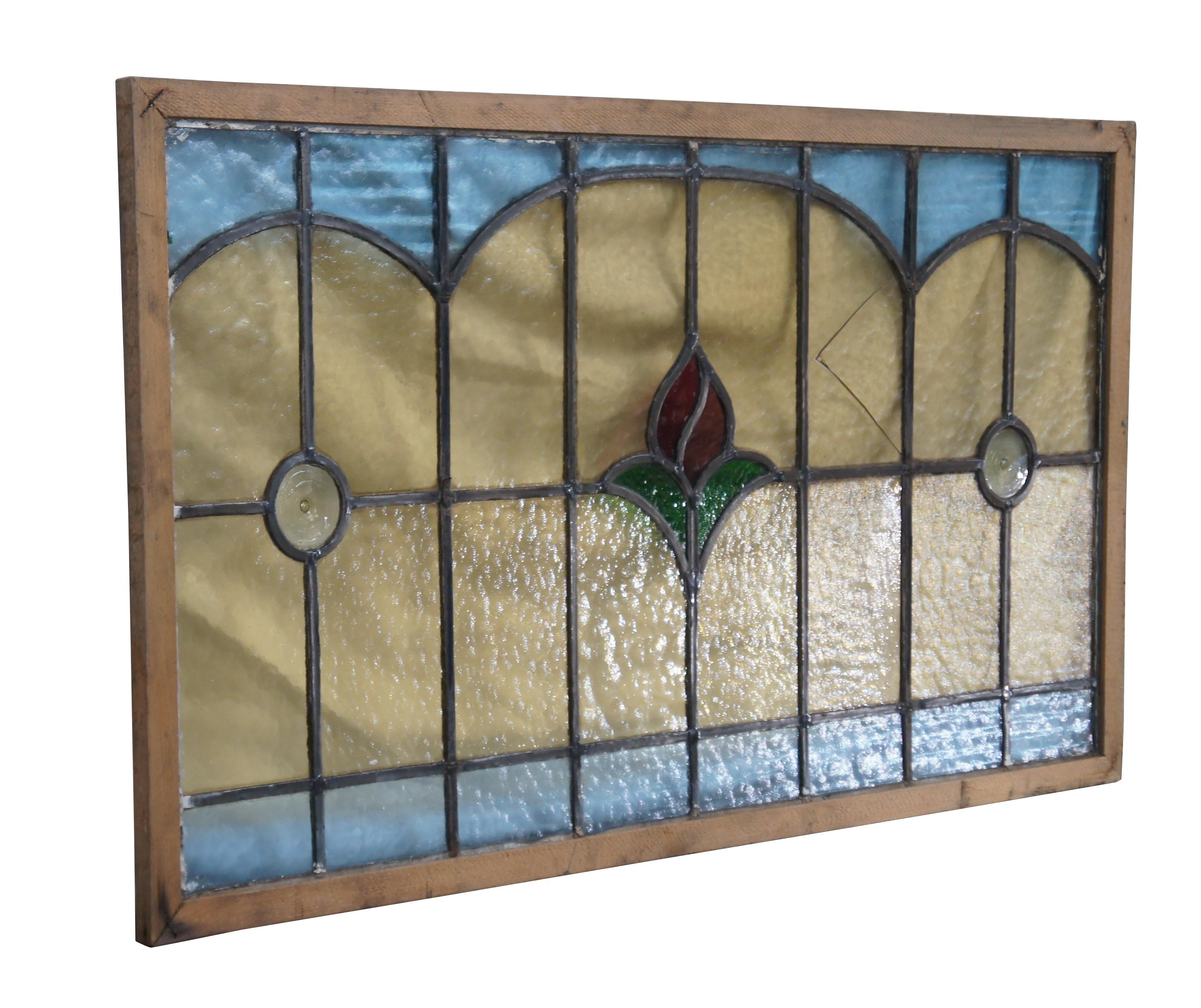 Antique Victorian Leaded Stained Glass Rose Window Panel Architectural Salvage In Fair Condition In Dayton, OH