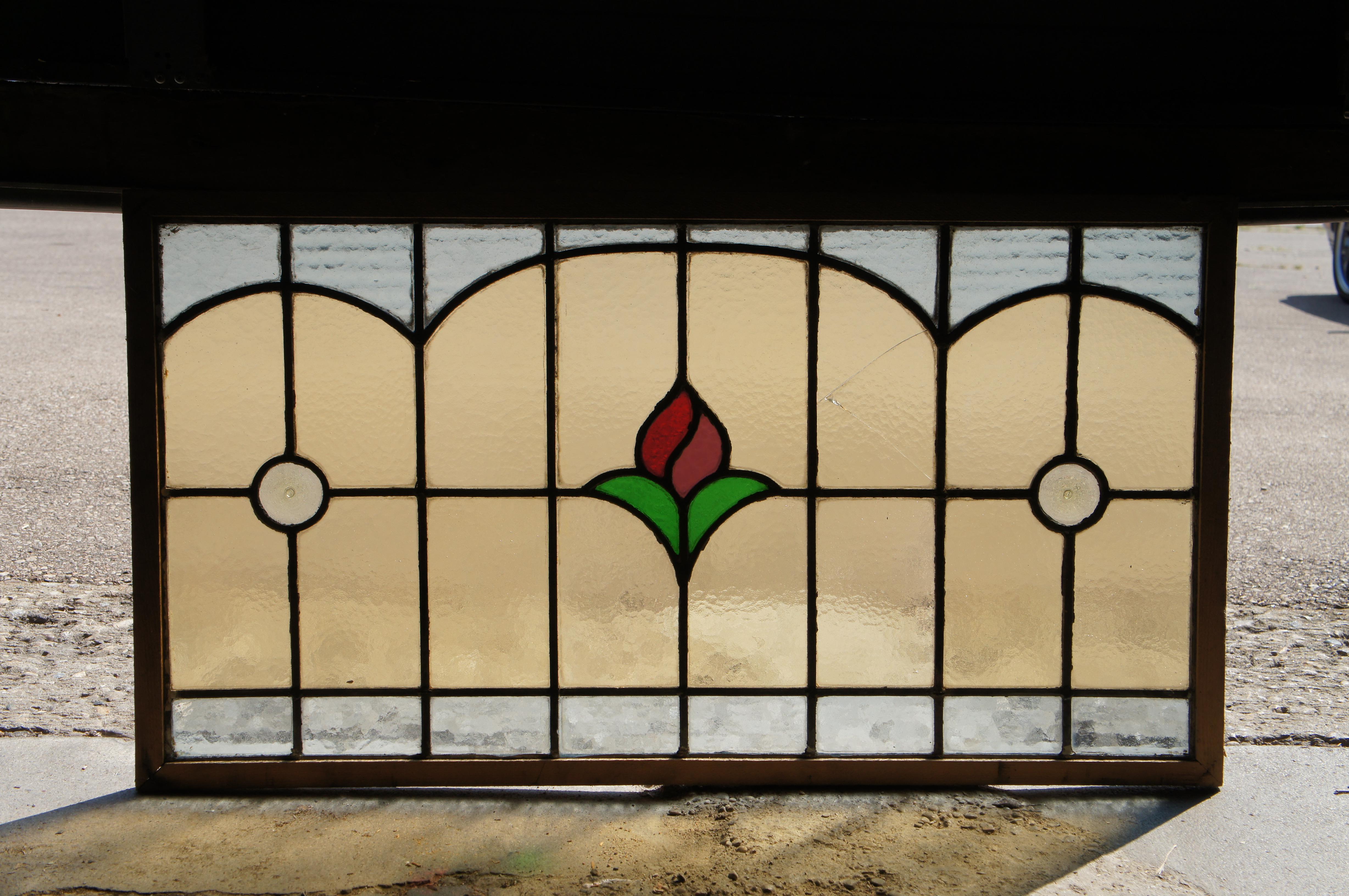20th Century Antique Victorian Leaded Stained Glass Rose Window Panel Architectural Salvage
