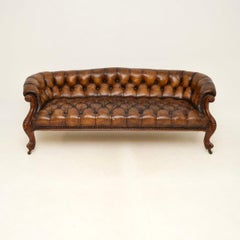 Antikes viktorianisches Sofa aus Leder und geschnitztem Nussbaumholz