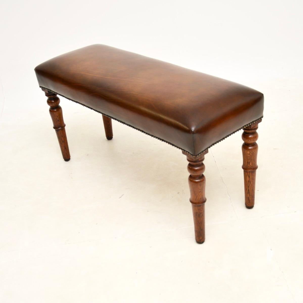 High Victorian Antique Victorian Leather and Oak Stool / Bench For Sale
