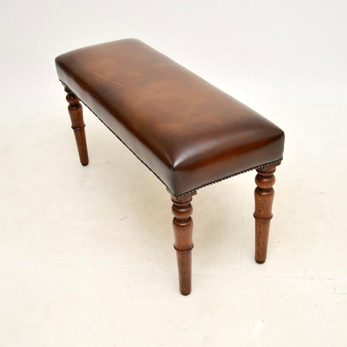 British Antique Victorian Leather and Oak Stool / Bench For Sale