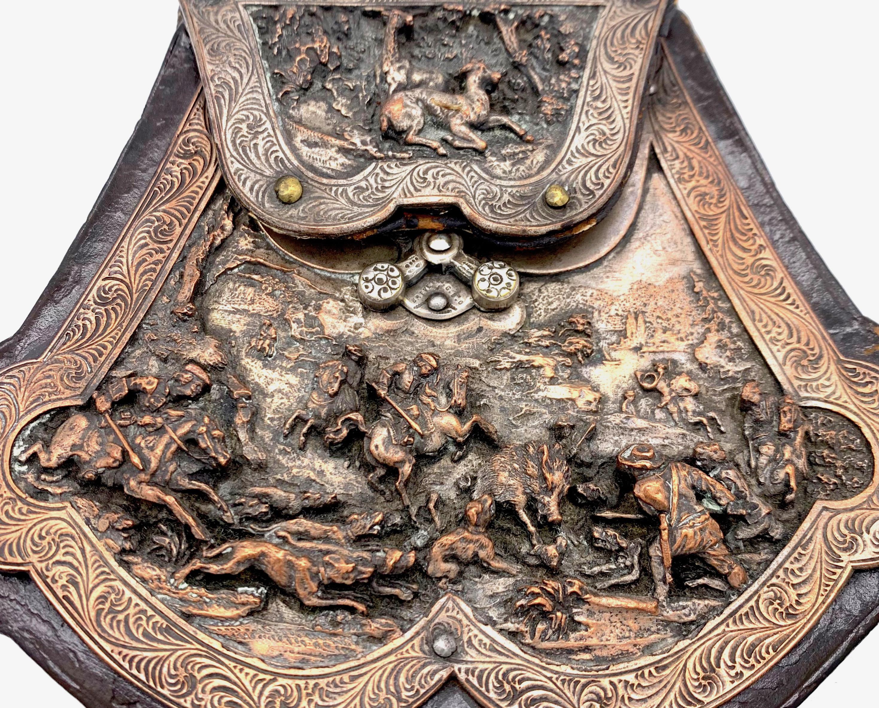 Mid-19th Century Antique Victorian  Hunting Leather Bag with Wild Boar Dear Hunting Relief Scene
