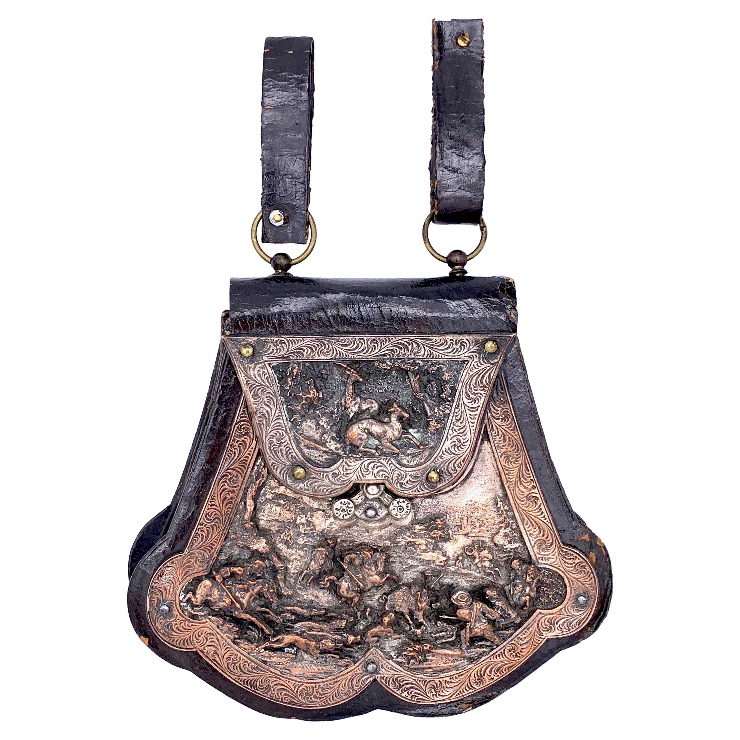 Antique Victorian  Hunting Leather Bag with Wild Boar Dear Hunting Relief Scene
