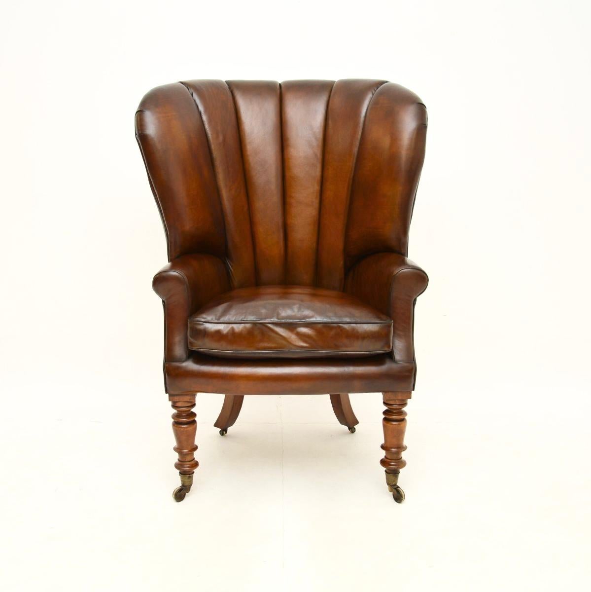 Early Victorian Antique Victorian Leather Barrel Back Wing Armchair For Sale