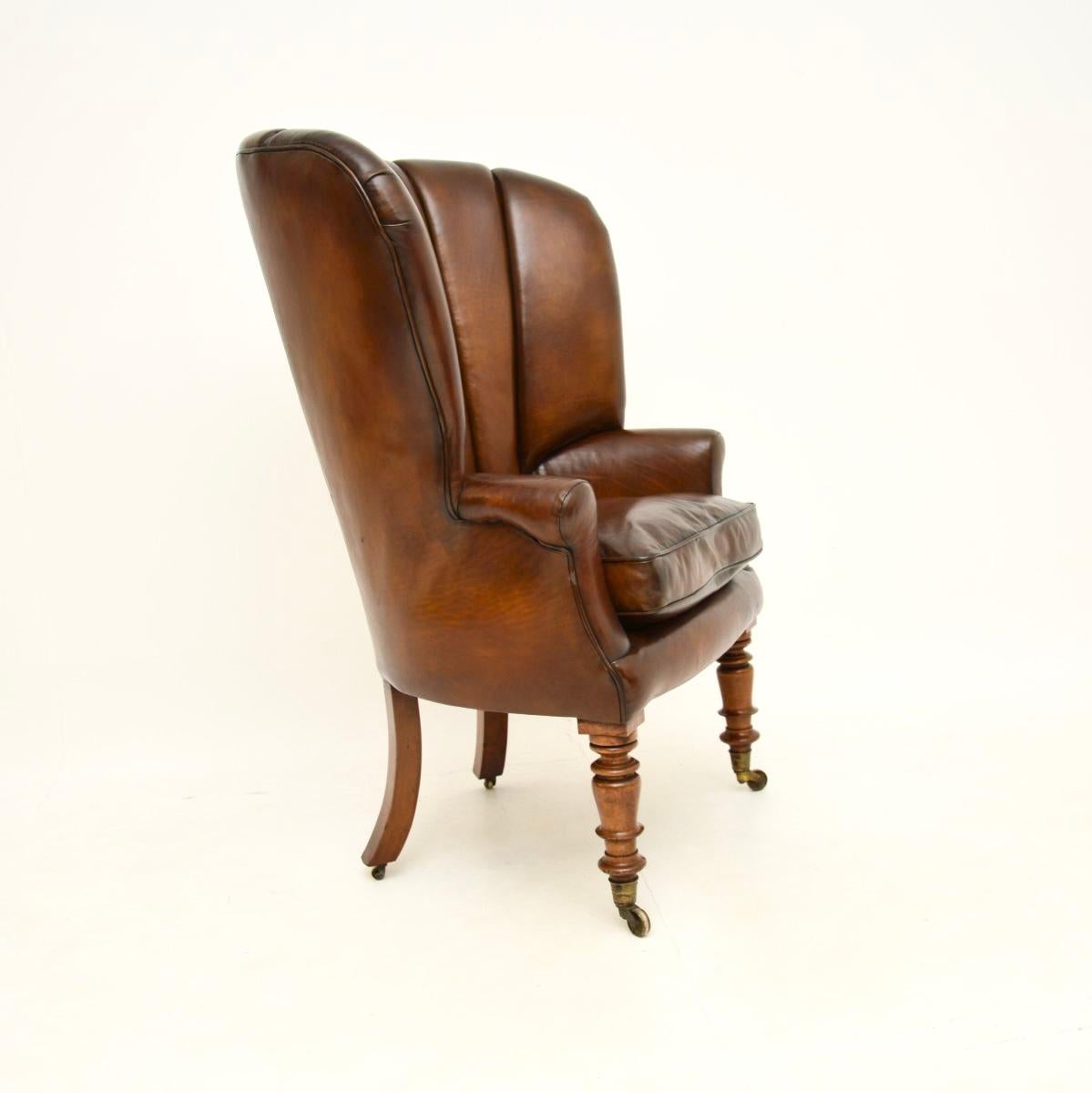 British Antique Victorian Leather Barrel Back Wing Armchair For Sale