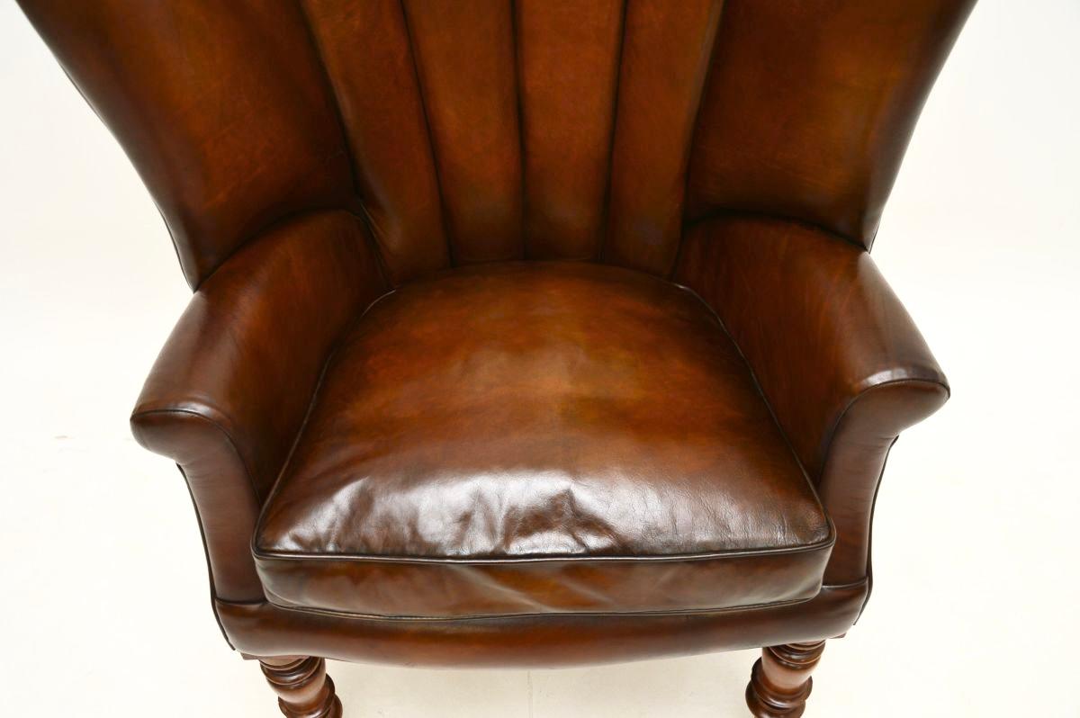 Antique Victorian Leather Barrel Back Wing Armchair For Sale 3