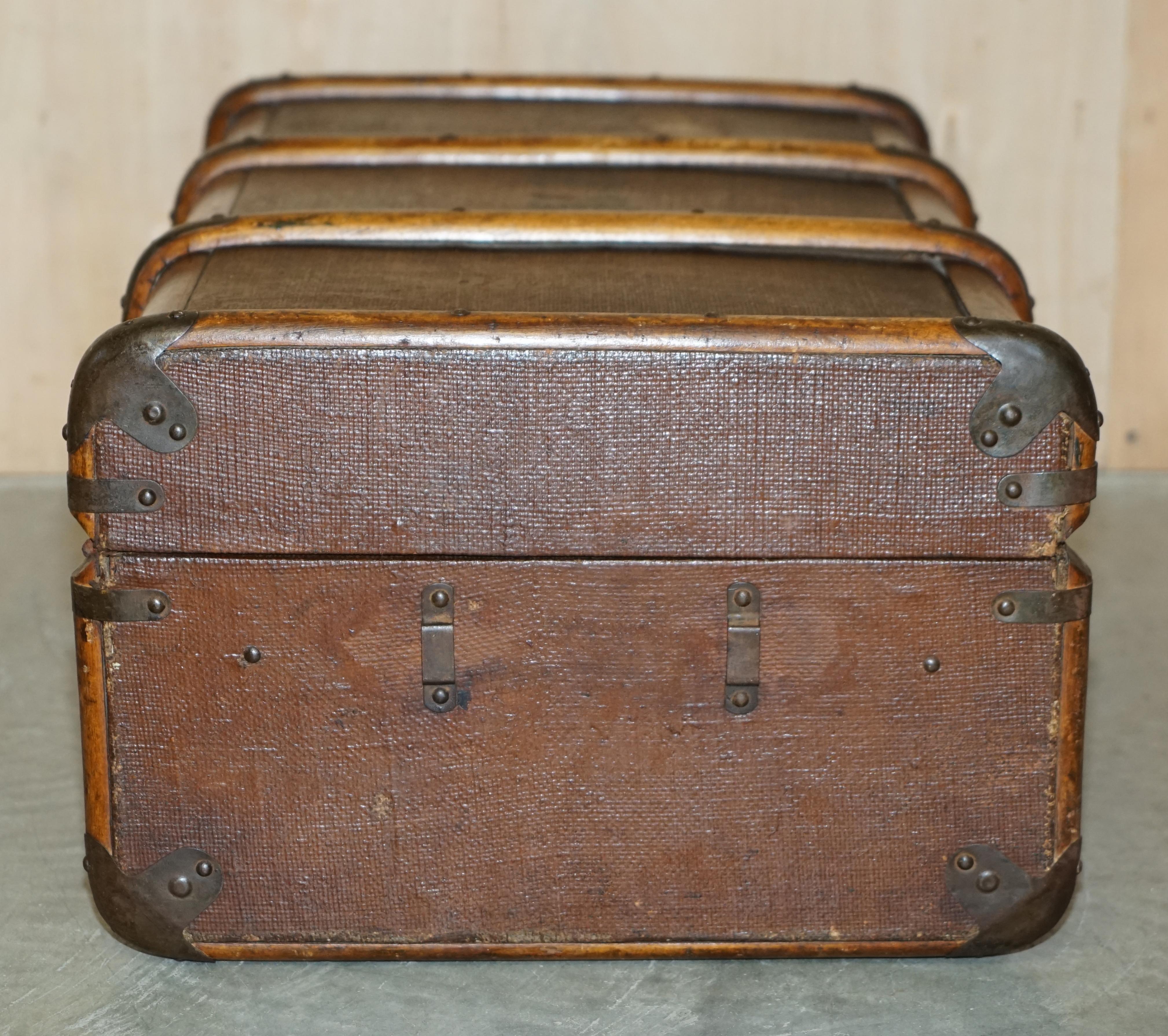 ANTIQUE TABLE EN CUIR ViCTORIAN ELM & CANVAS STEAMER TRUNK CHEST COFFEE MUST SEE en vente 6