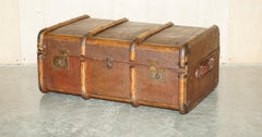 ANTIQUE ViCTORIAN LEATHER ELM & CANVAS STEAMER TRUNK CHEST COFFEE TABLE MUST SEE