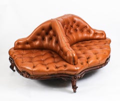 Antique Victorian Leather Love Seat Conversation Settee Sofa 19th C