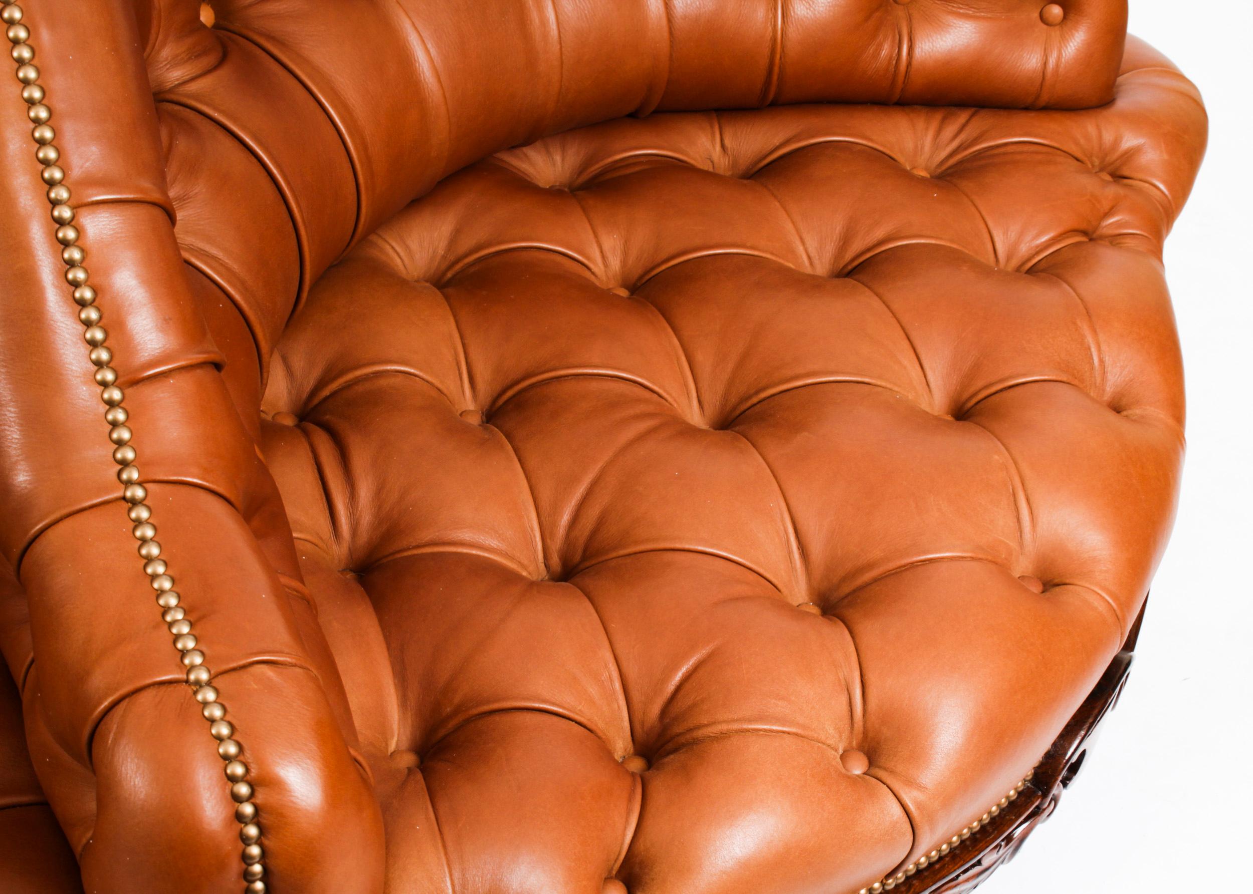 Mid-19th Century Antique Victorian Leather Love Seat Conversation Settee Sofa 19th C