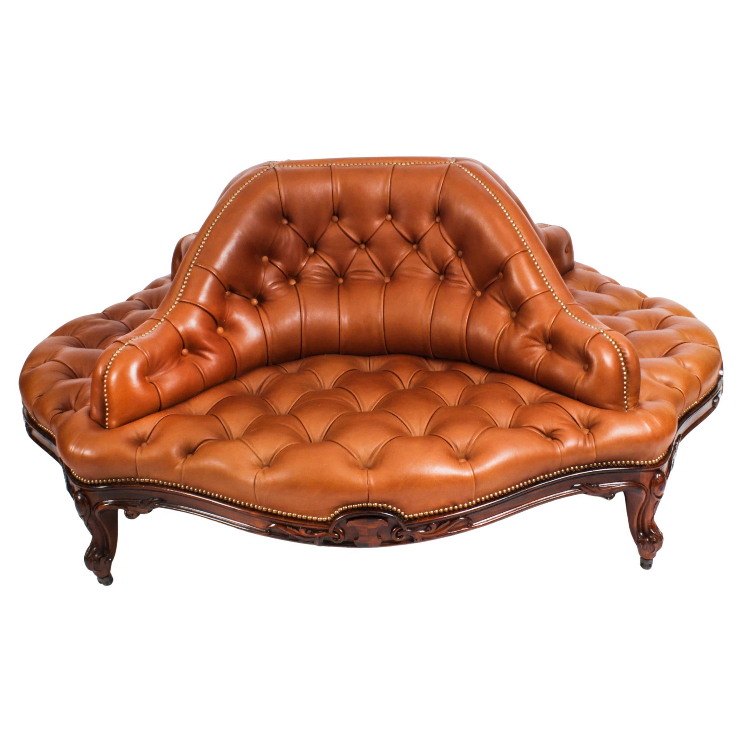 Antique Victorian Leather Love Seat Conversation Settee Sofa 19th C