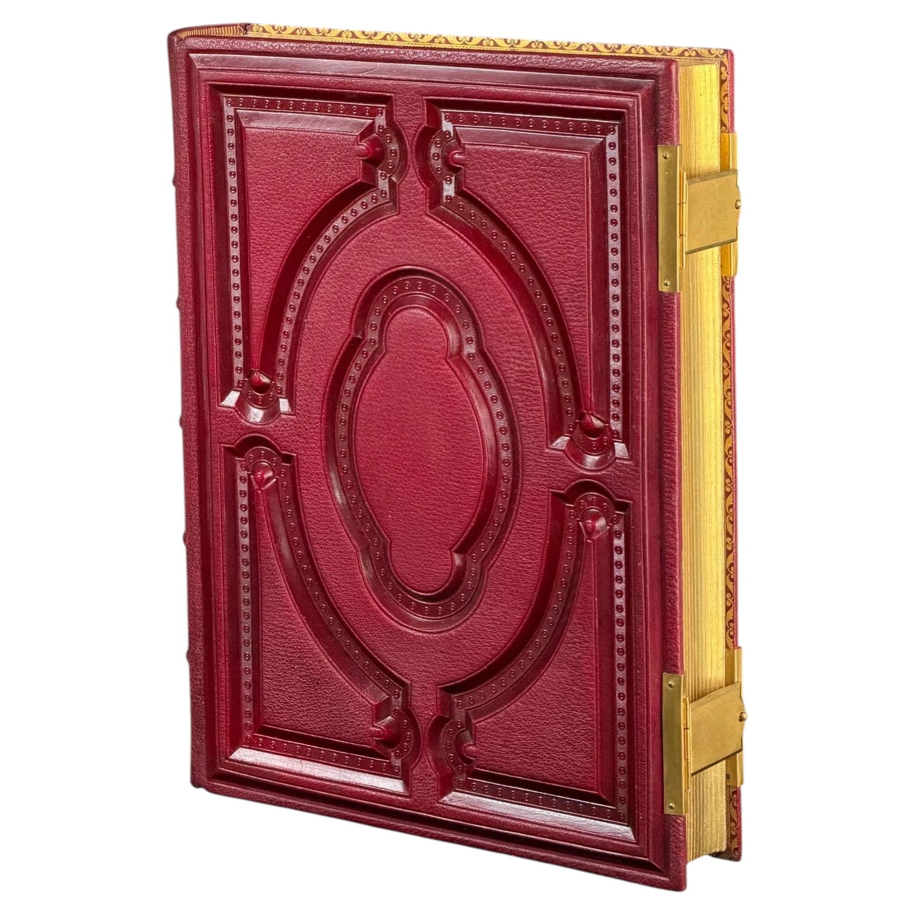 Antique Victorian Leather Photo Album, Embossed Cover, Gilt Edges, 12.2in