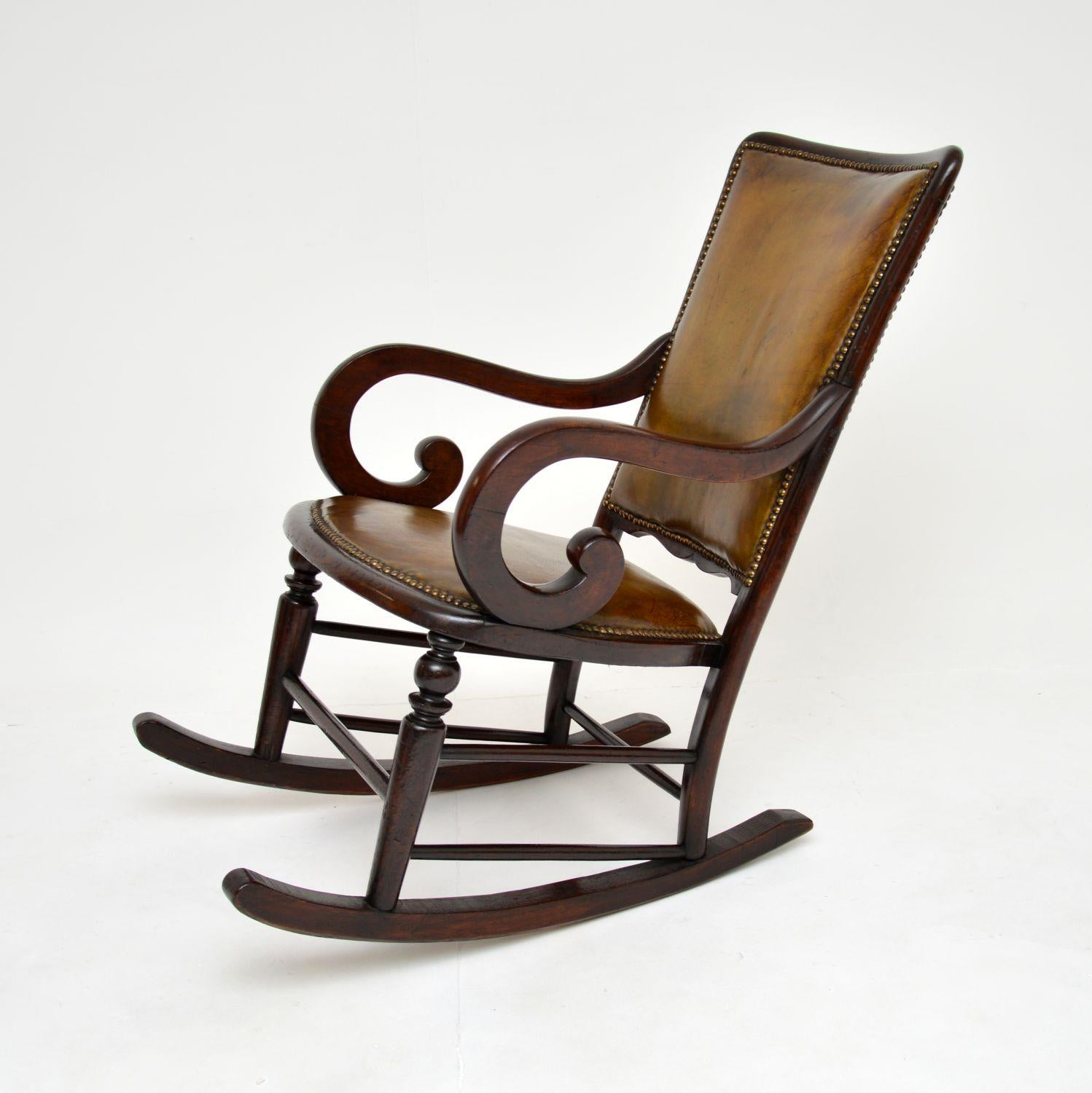 High Victorian Antique Victorian Leather Rocking Chair For Sale