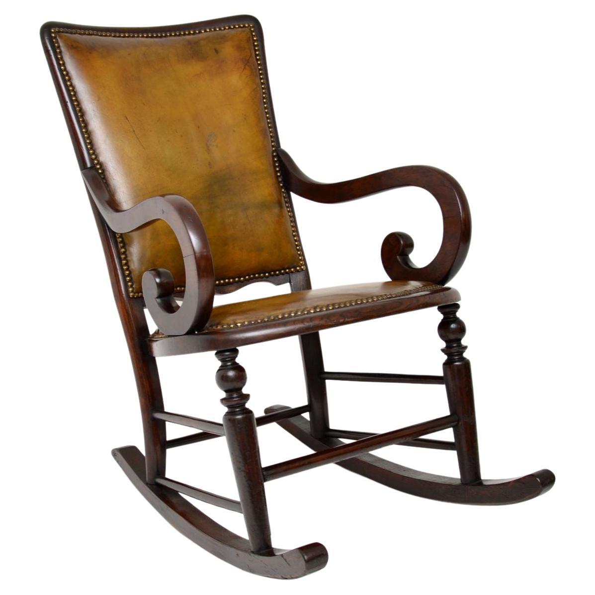 Antique Victorian Leather Rocking Chair For Sale