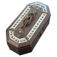 Antique Victorian Leather Wooden Keepsake Novelty Jewelry Box