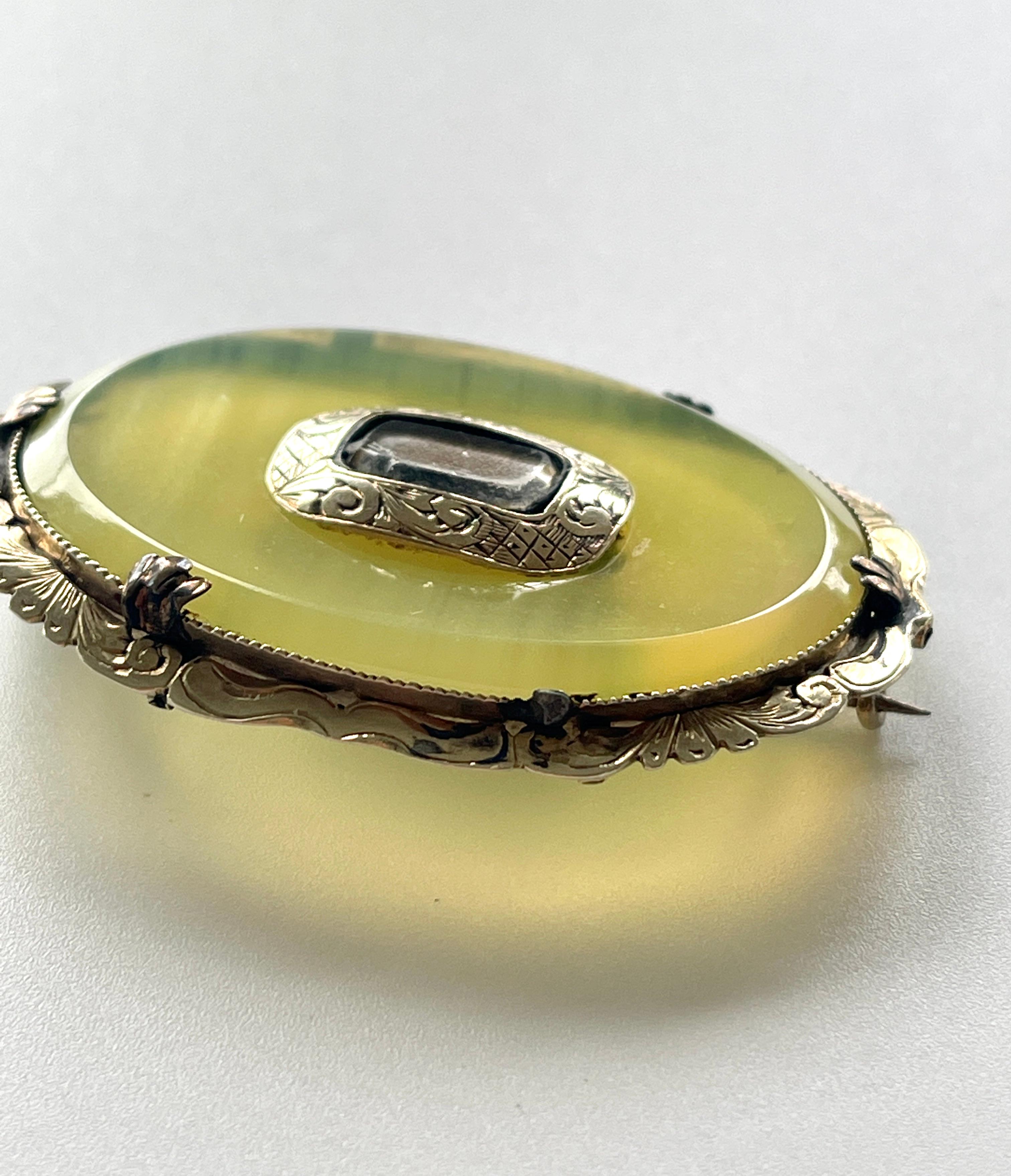 Antique Victorian Lemon Banded Agate Mourning Brooch Pendant Hair Work c1890s For Sale 8