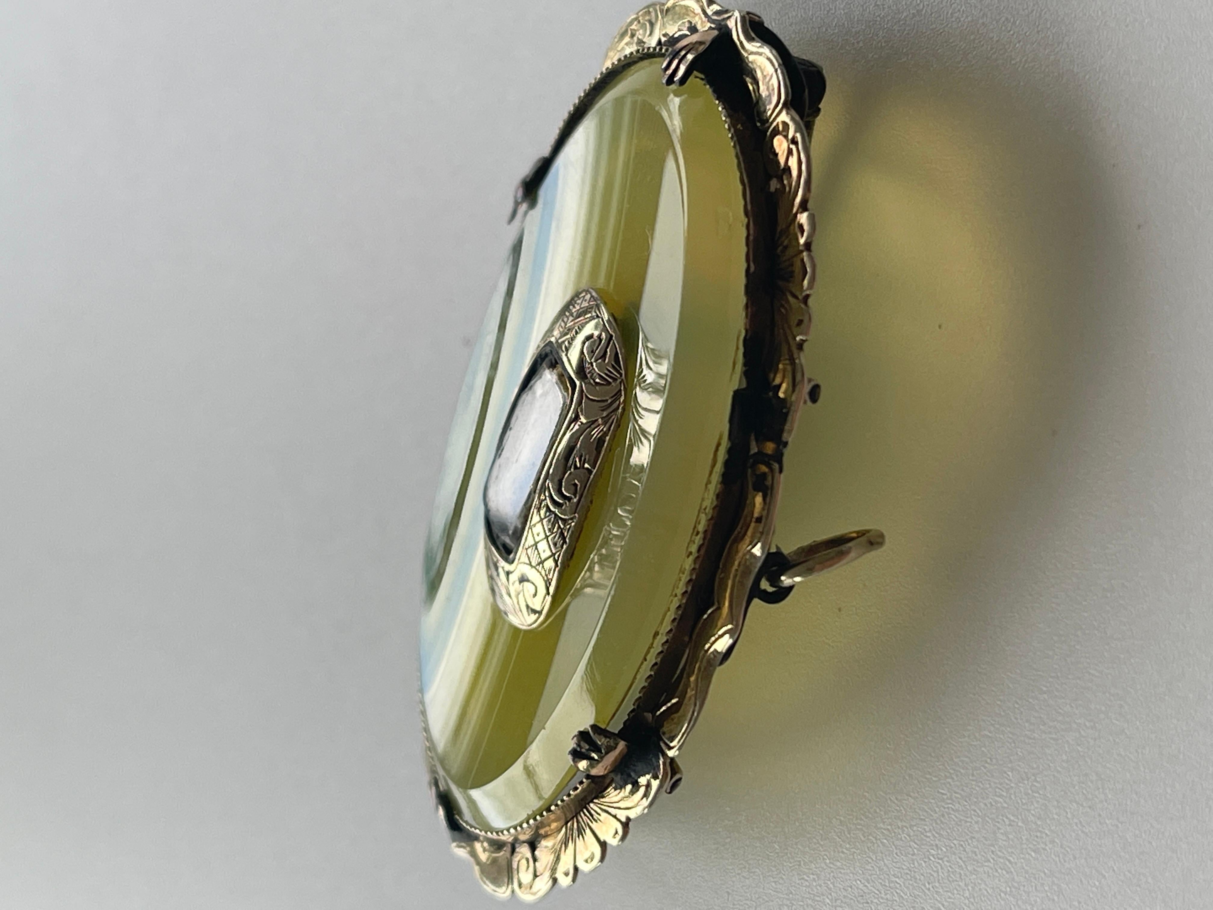 Antique Victorian Lemon Banded Agate Mourning Brooch Pendant Hair Work c1890s For Sale 9