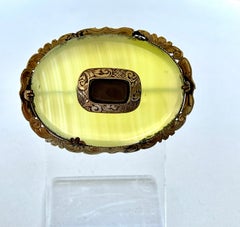 Antique Victorian Lemon Banded Agate Mourning Brooch Pendant Hair Work c1890s