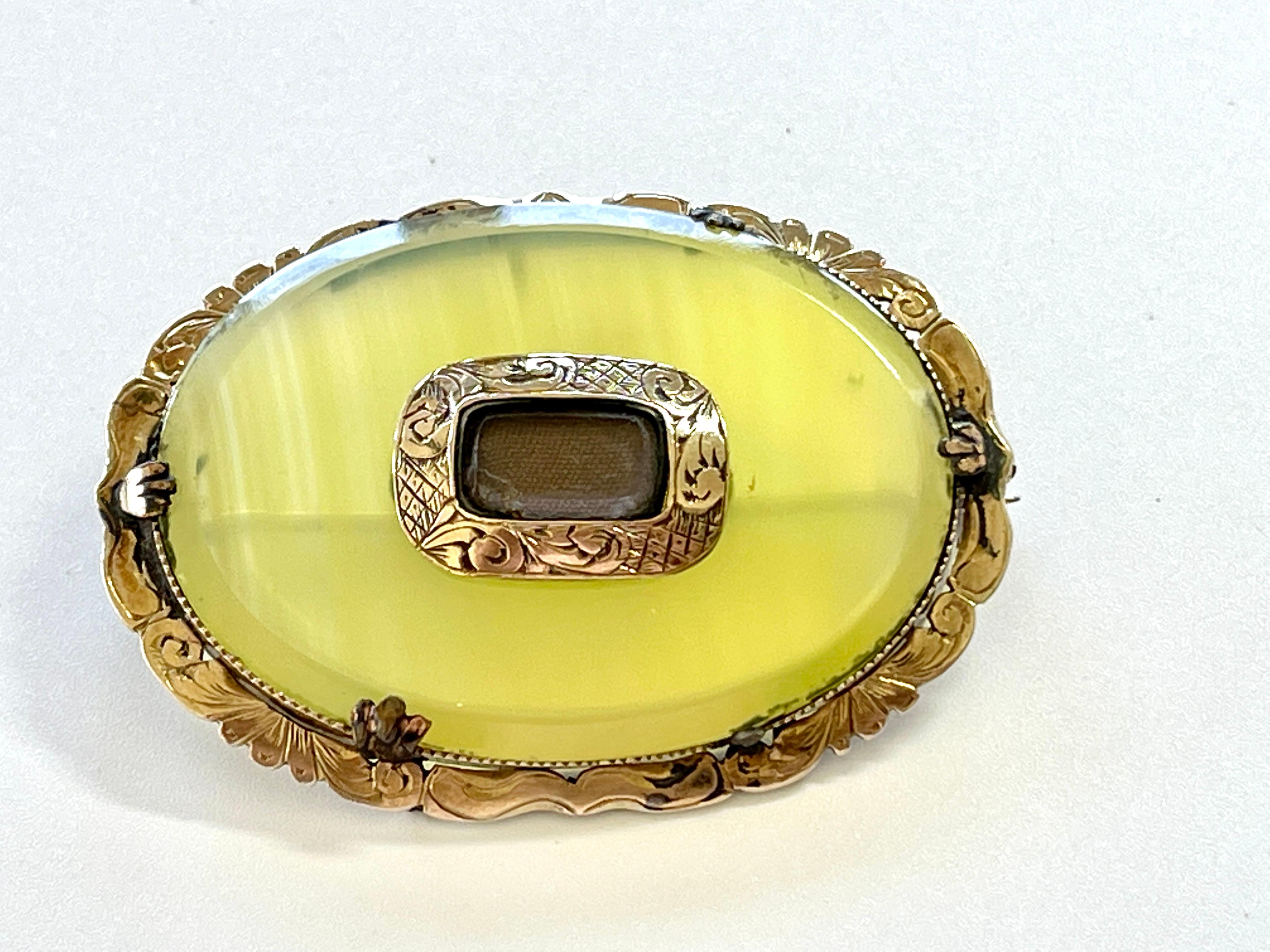 Women's Antique Victorian Lemon Banded Agate Mourning Brooch Pendant Hair Work c1890s For Sale