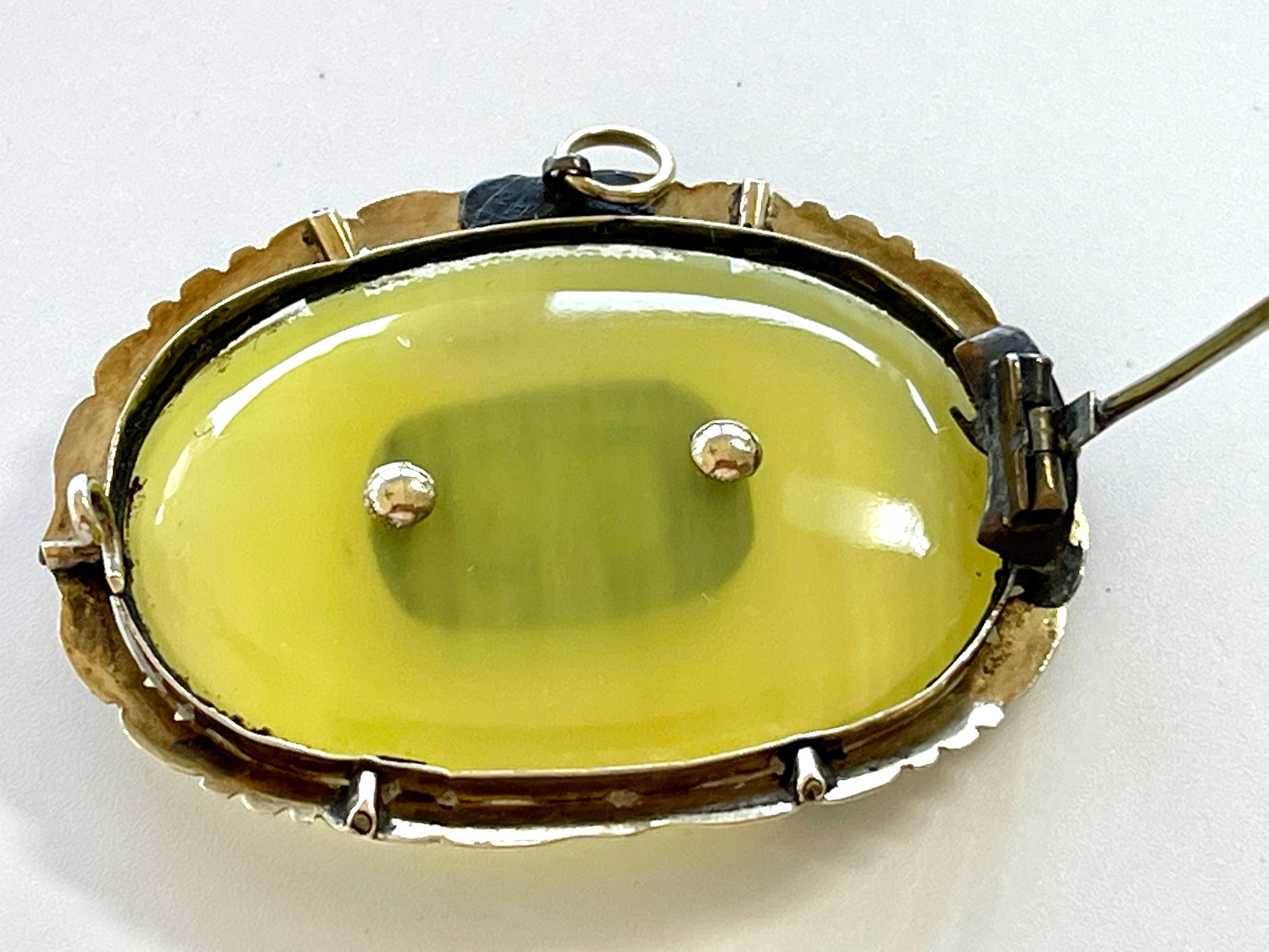 Antique Victorian Lemon Banded Agate Mourning Brooch Pendant Hair Work c1890s For Sale 2