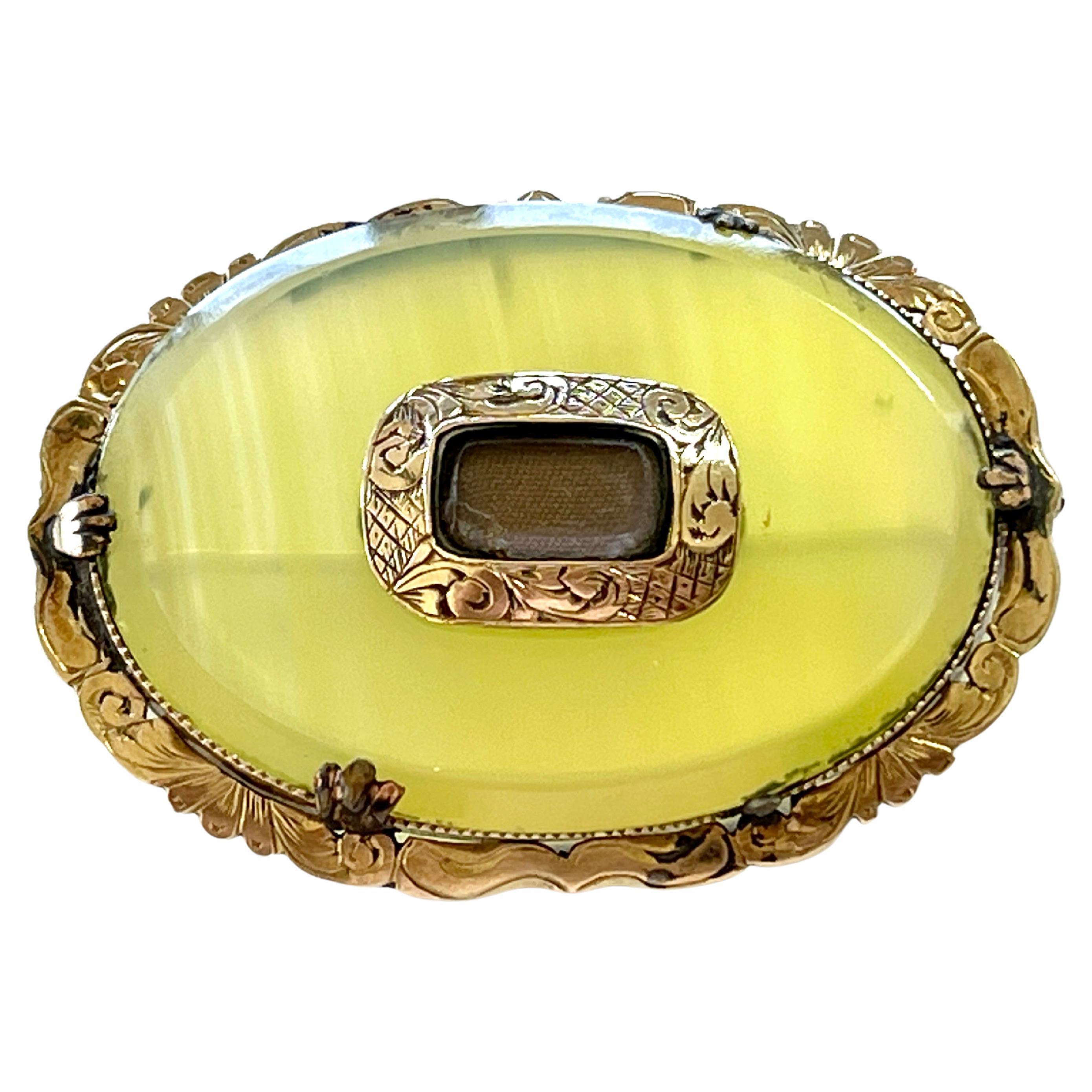 Antique Victorian Lemon Banded Agate Mourning Brooch Pendant Hair Work c1890s For Sale