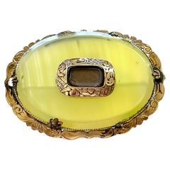 Antique Victorian Lemon Banded Agate Mourning Brooch Pendant Hair Work c1890s