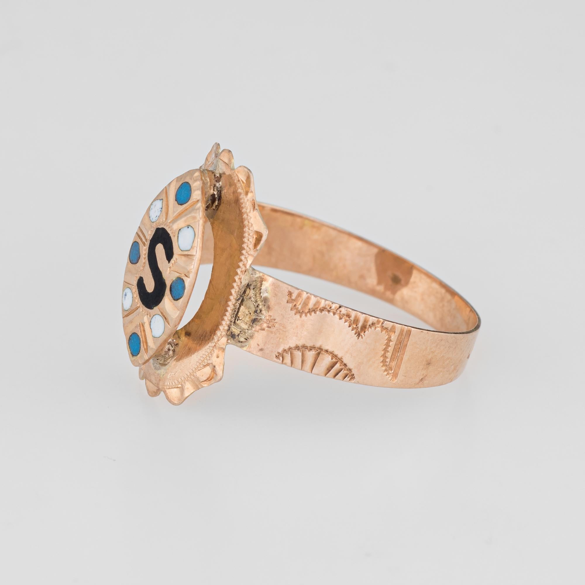 Women's or Men's Antique Victorian Letter S Signet Ring Initial 10 Karat Rose Gold Enamel Vintage