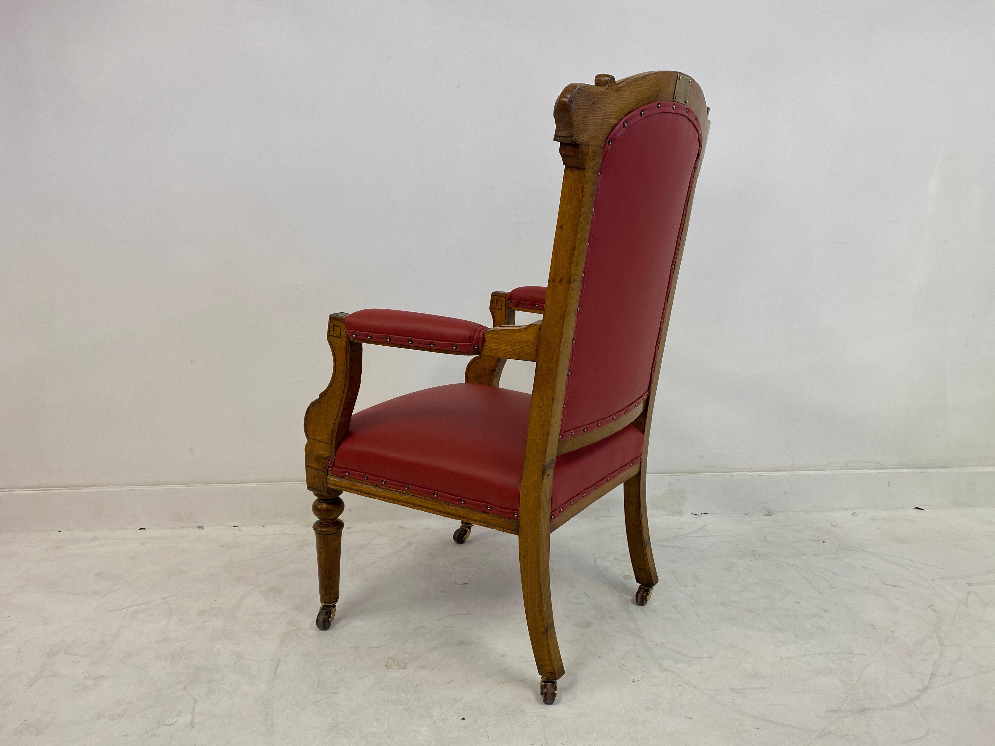 Antique Victorian Light Oak Throne Armchair in Red Leather 3