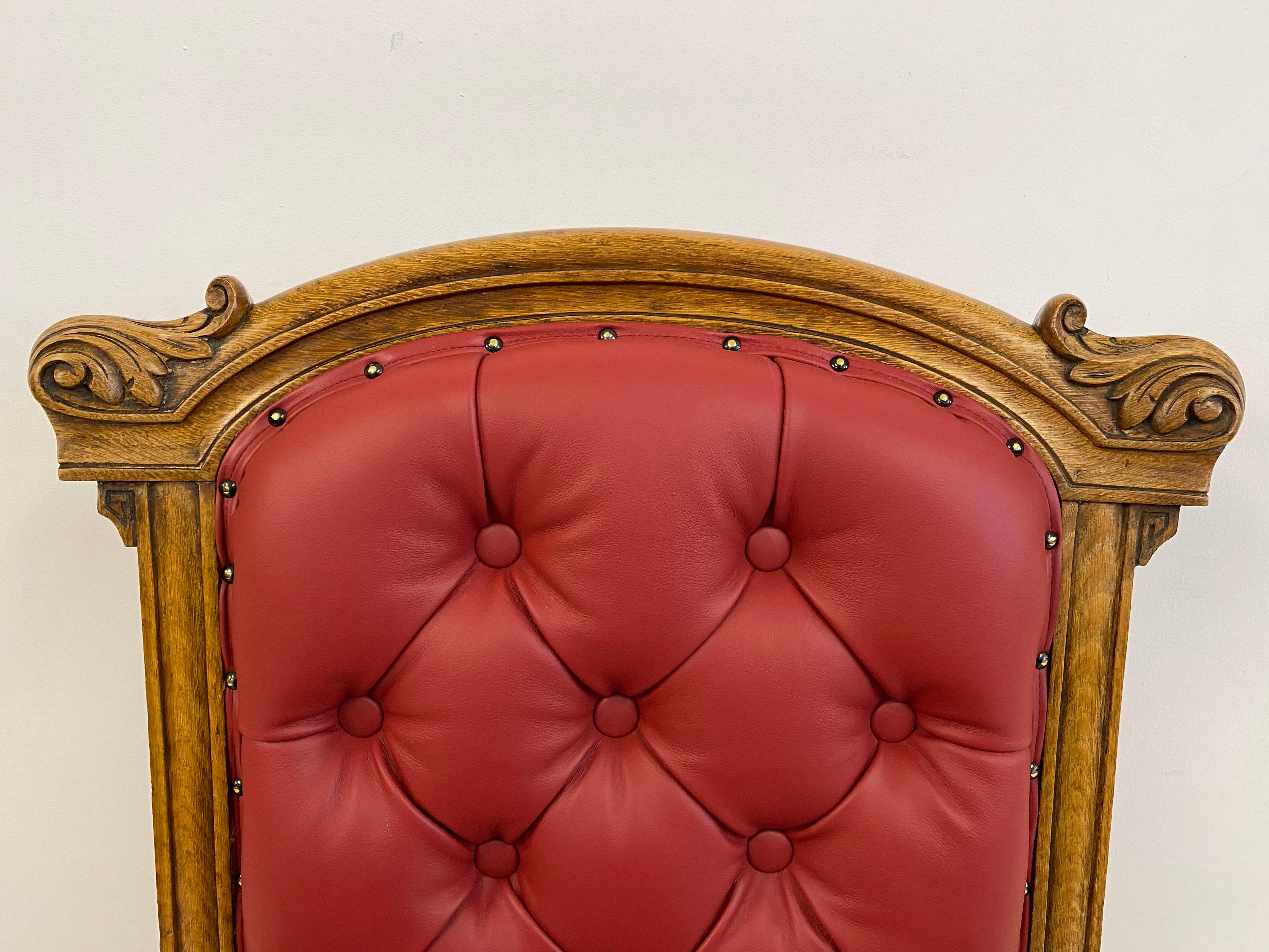 British Antique Victorian Light Oak Throne Armchair in Red Leather