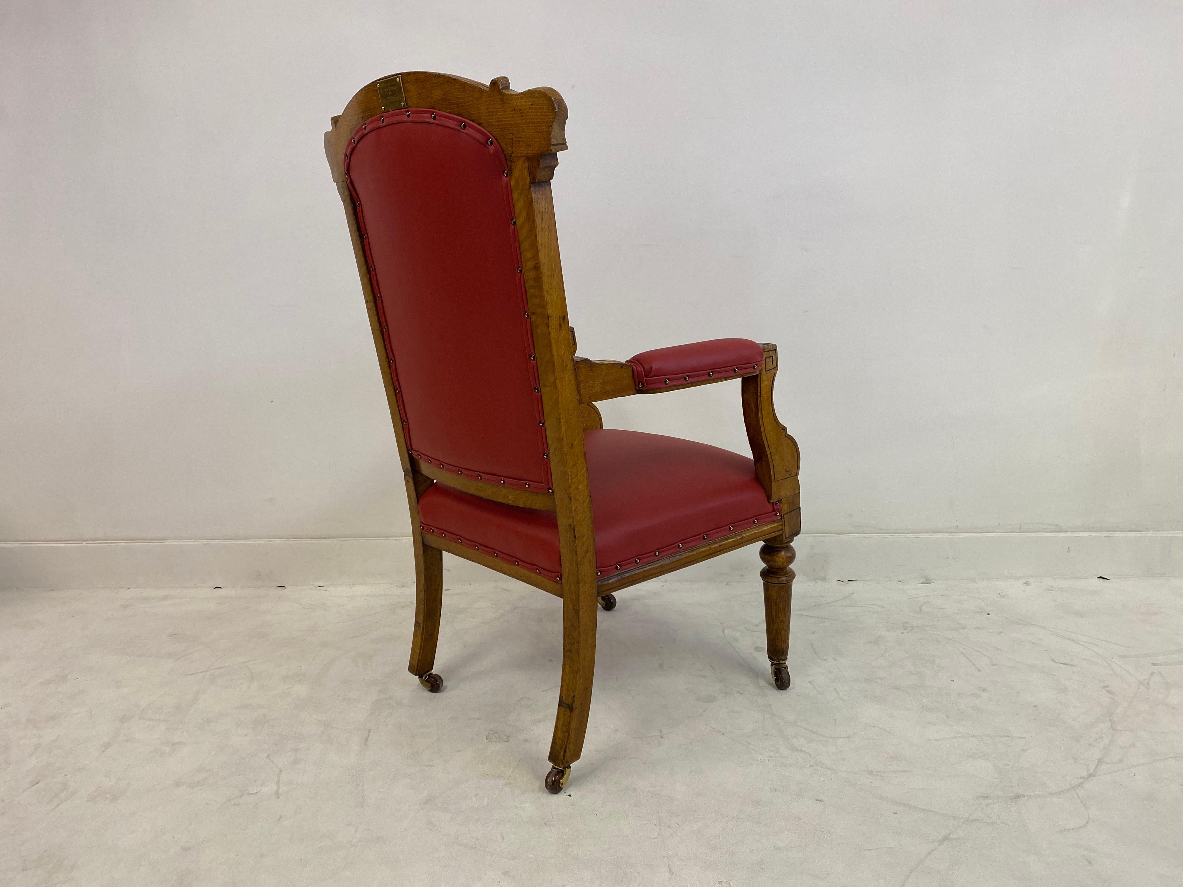 19th Century Antique Victorian Light Oak Throne Armchair in Red Leather