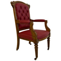 Antique Victorian Light Oak Throne Armchair in Red Leather