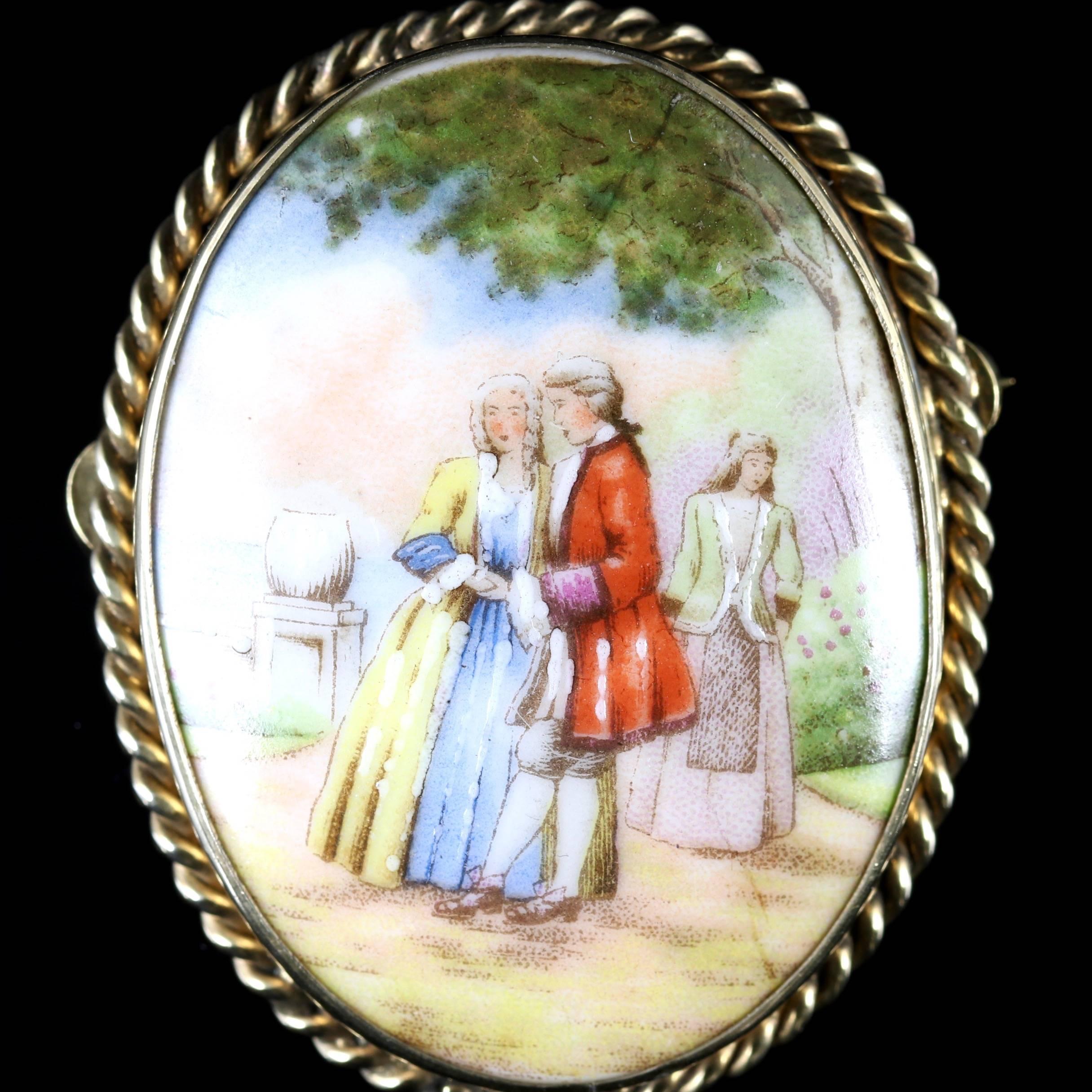 This fabulous Victorian French Limoges brooch is Circa 1900.

The brooch is hand painted and set in 18ct Yellow Gold on Silver.

It has a lovely rope-edge finish all round the brooch.

Hallmarked Limoges France.

Limoges is a city in